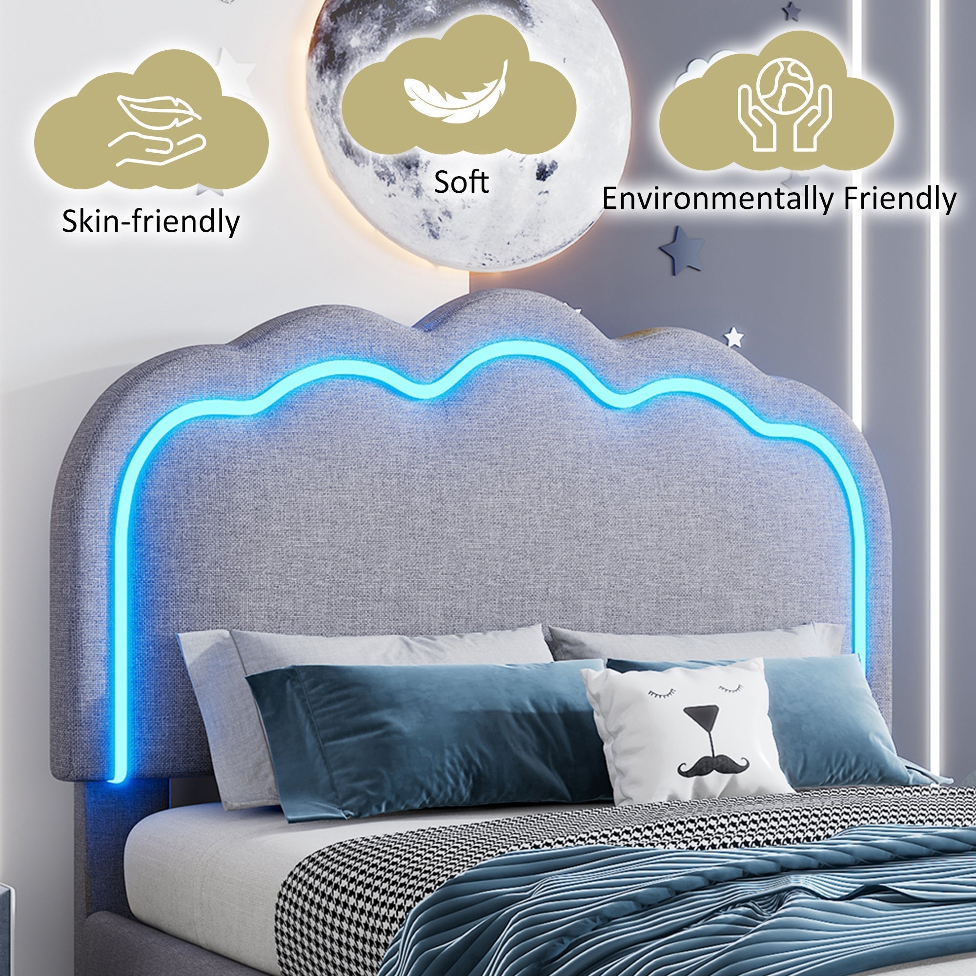 Upholstered Bed: Single Bed with LED & Adjustable Height Headboard, Grey Linen Material