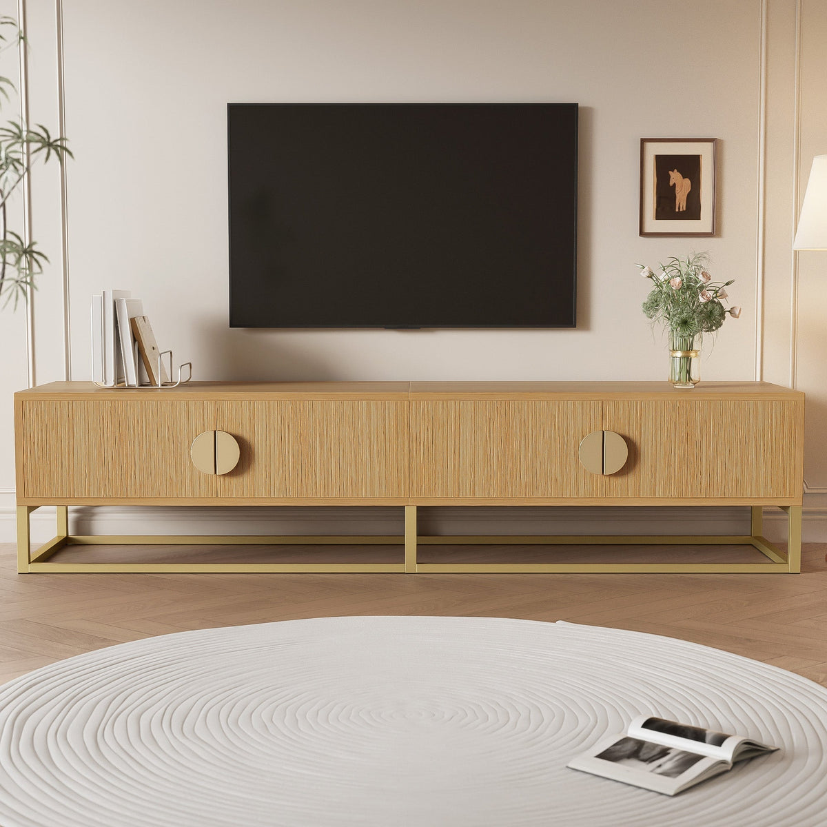TV Cabinet 180cm 4 Doors Semi-circular Handles Wood Grain Finish