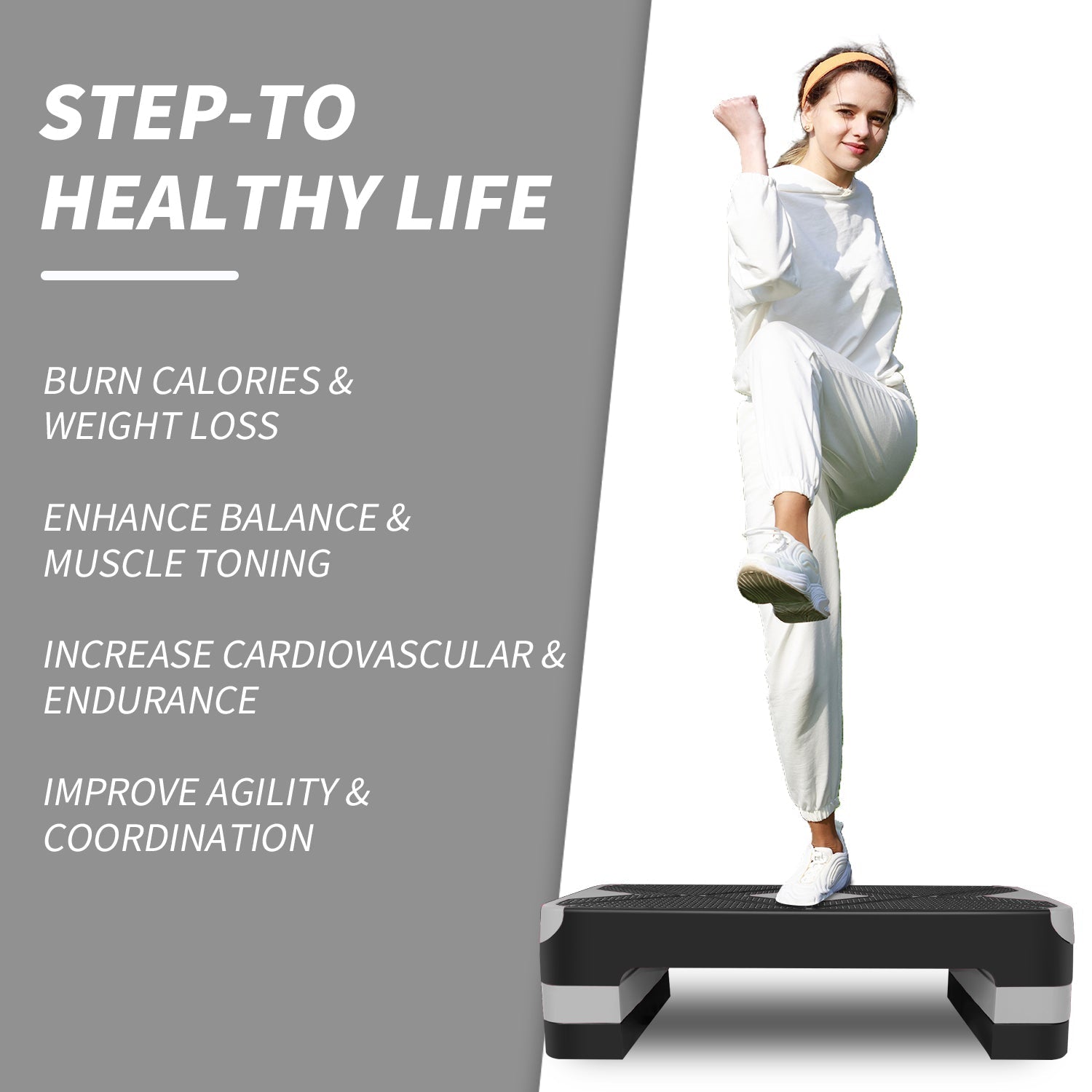 Aerobic Stepper 68.5cm (27") Adjustable Height Workout Step Platform Gray