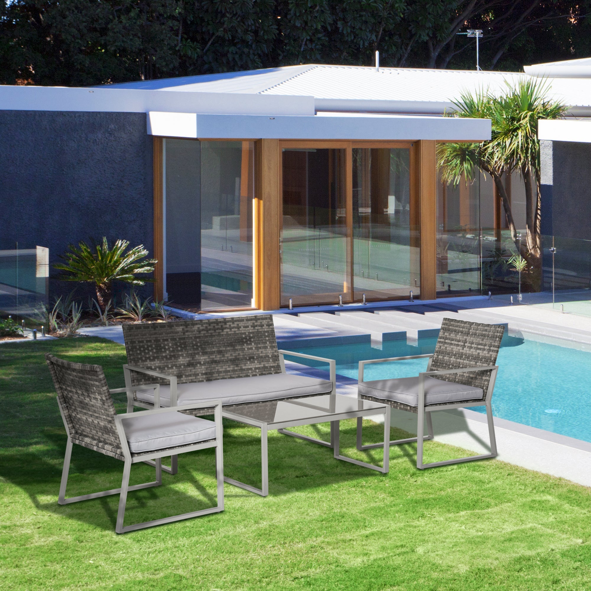 4PC Rattan Garden Furniture Set with 2 Single Chairs, 1 Bench, and Coffee Table, Grey Wicker Weave