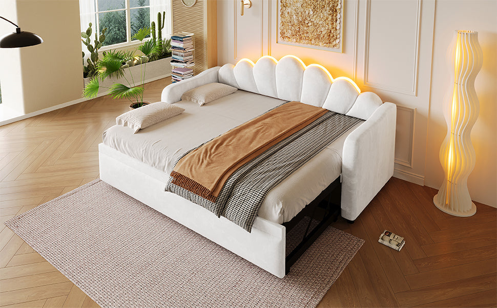 Upholstered Daybed with Pull-out Function and LED Lighting, 90x200cm, White