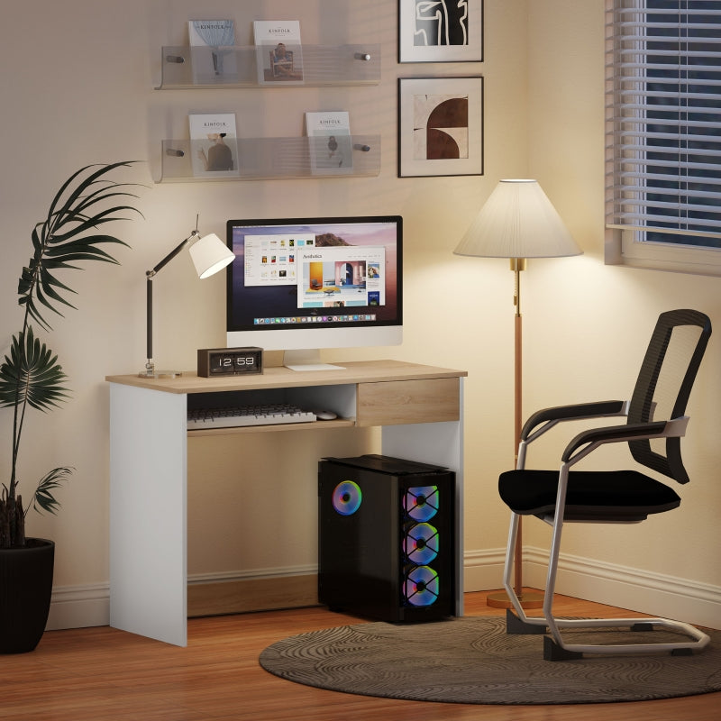 100cm Compact Computer Desk, Keyboard Tray and Drawer for Home Office, Oak