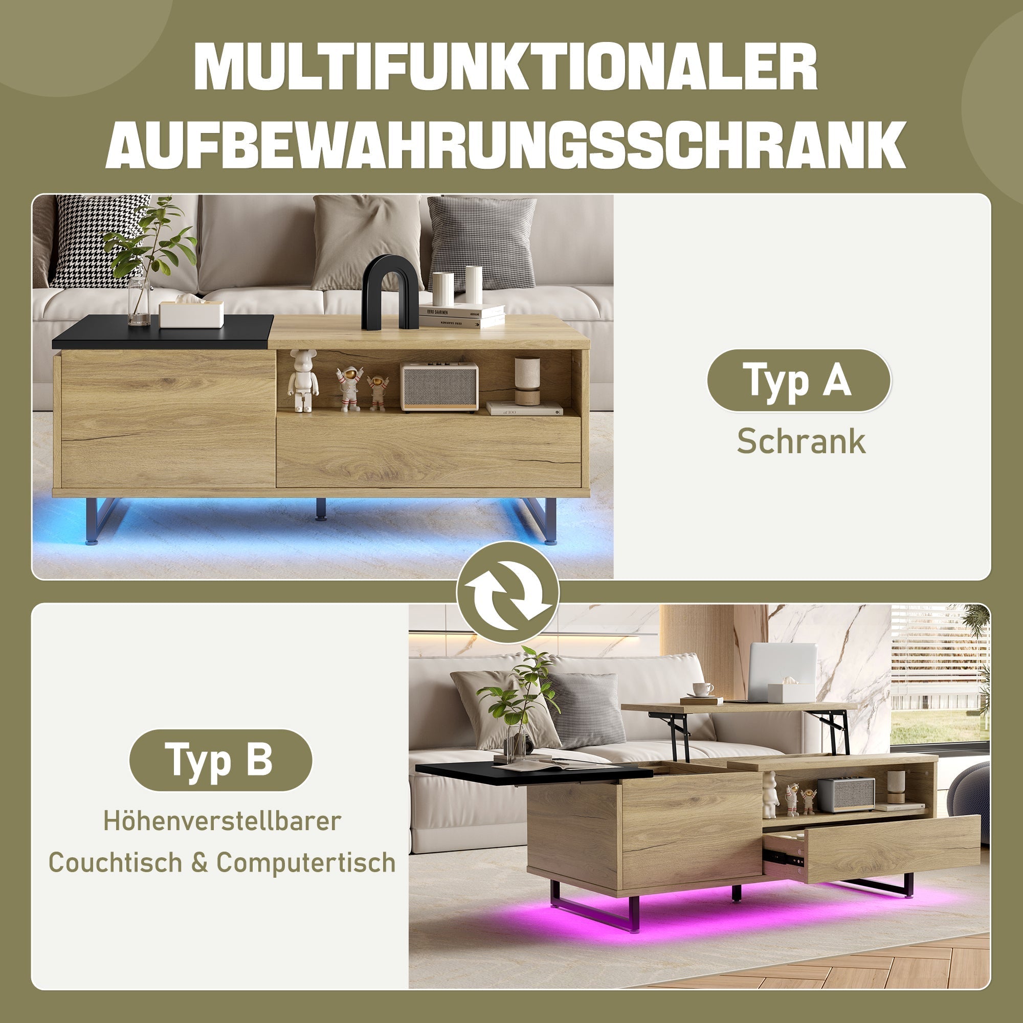 Cabinet: Height-Adjustable with LED Light, Drawers & Compartments, Customizable for Living Rooms