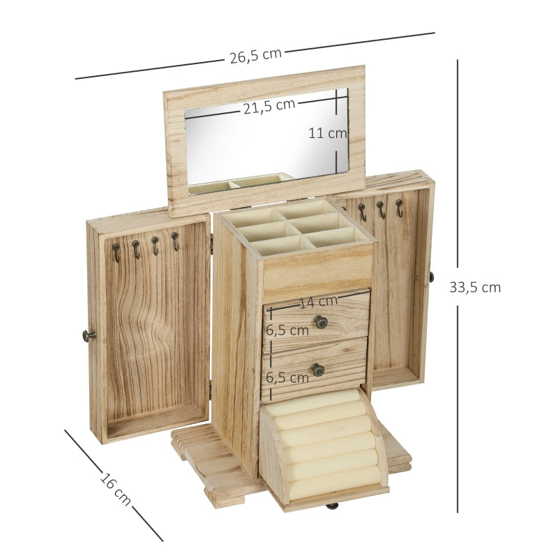 Schmuckkasten, 4-lagig mit Spiegel, Holzbraun