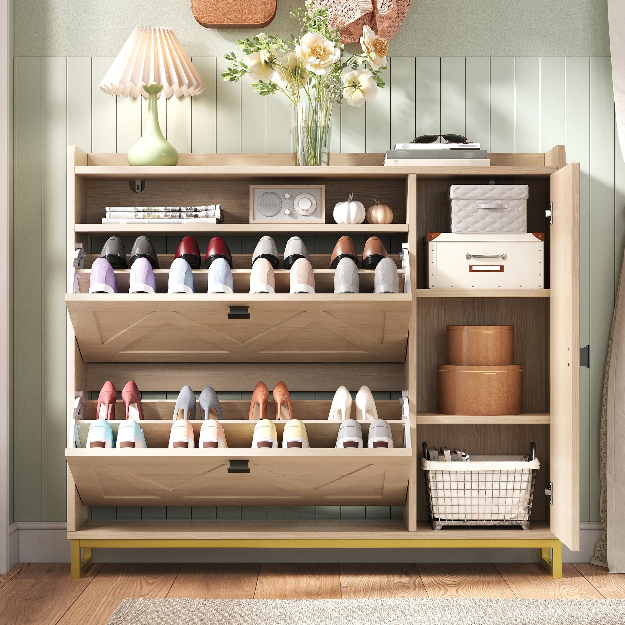 Shoe Cabinet with Double Hinged Lid, Side Cabinet and Geometric Doors, Metal Frame