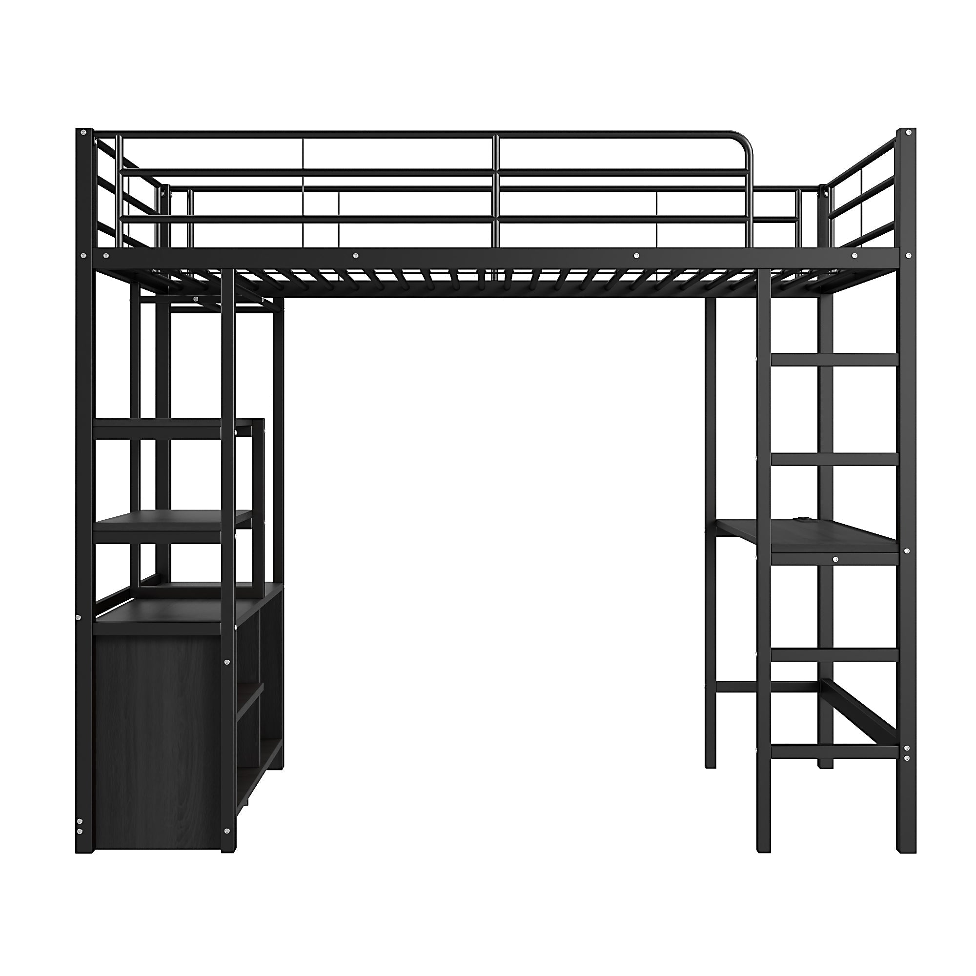 Loft Bed 90x200cm with Desk USB Charging Shelves Storage Ladder Black Iron