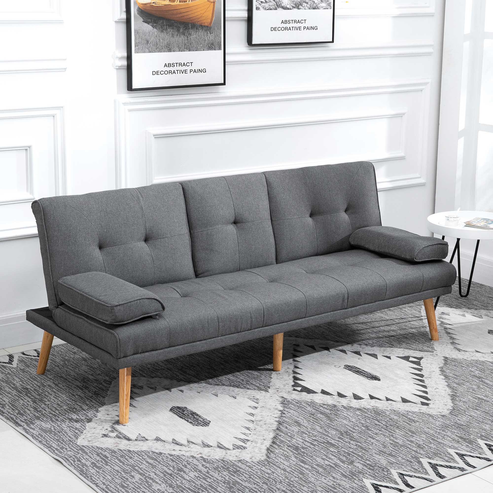 Sofa Bed 3-Seater Fold-Down Table Cup Holder Scandinavian Design, Dark Grey