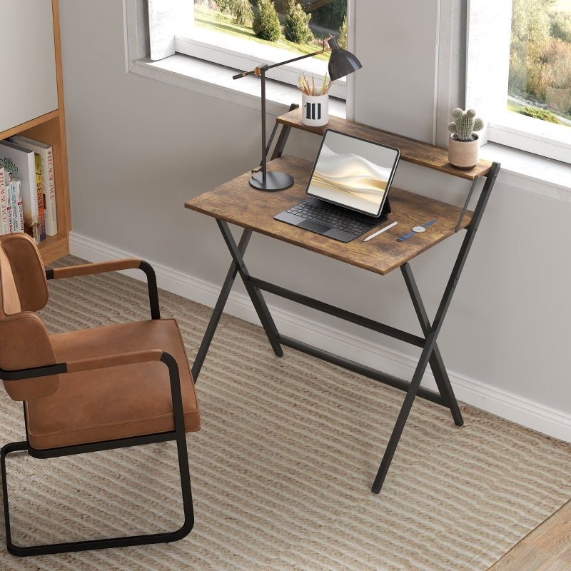 Folding Computer Desk, 81.5cm Monitor Shelf, Rustic Brown