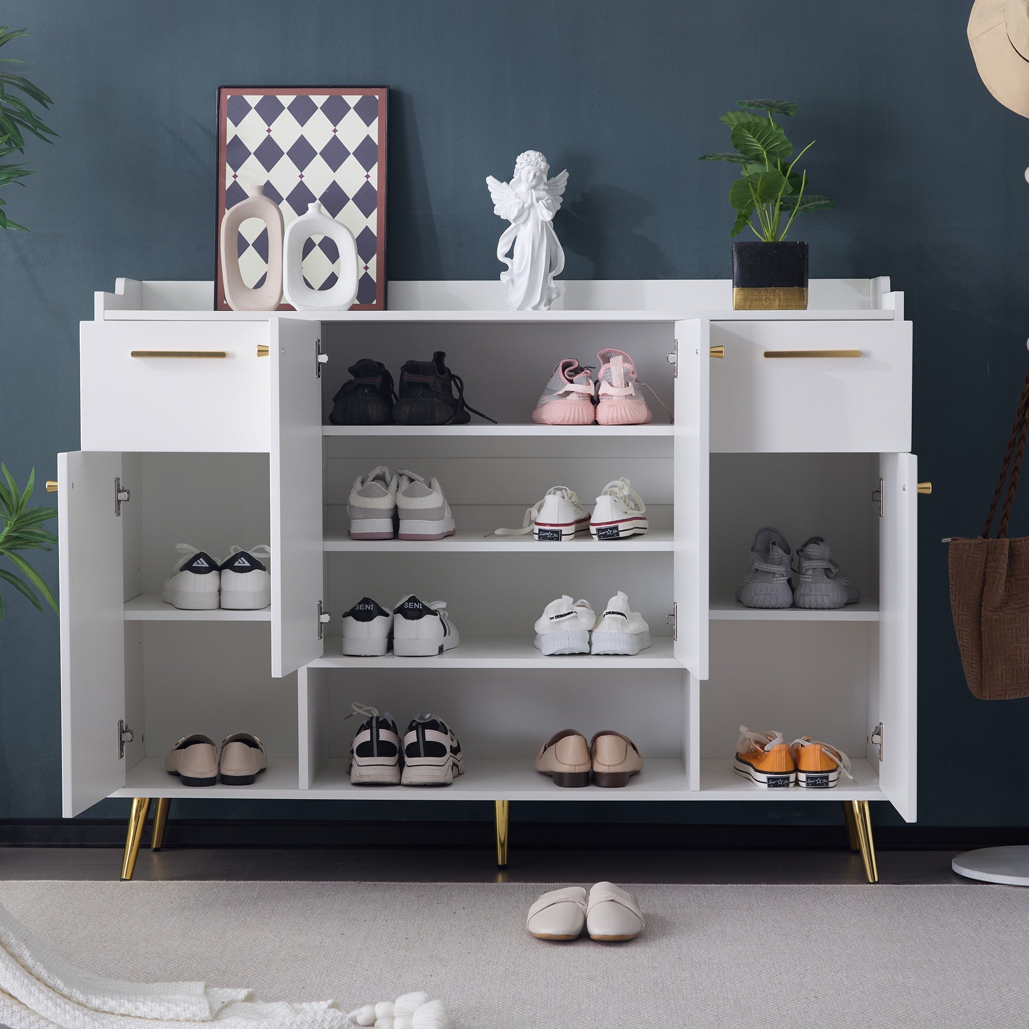 Shoe cabinet, shoe rack with 2 drawers and 4 doors, metal feet, white