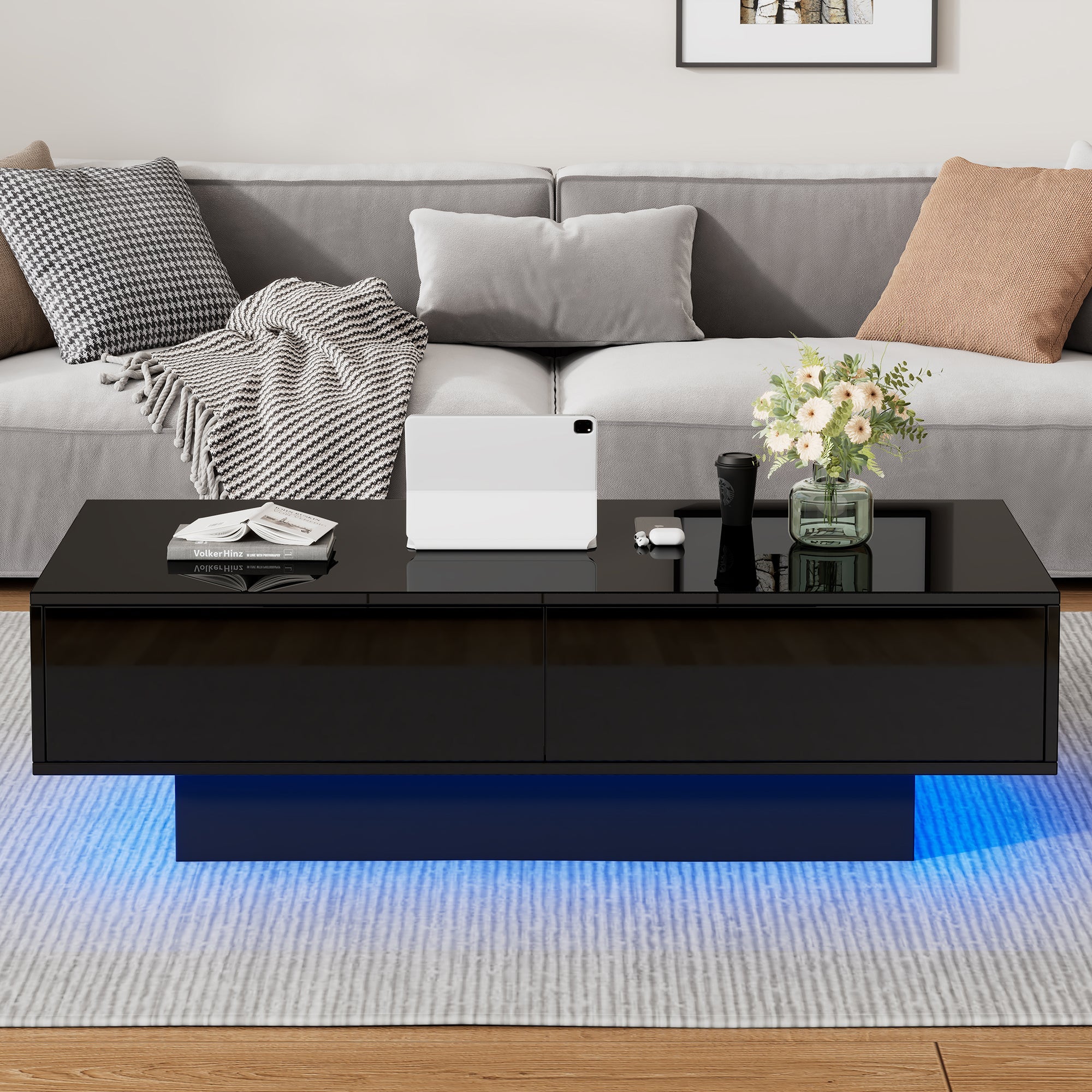 Modern Coffee Table, 115x55x34cm with 2 Drawers, LED Lighting, Black High-Gloss
