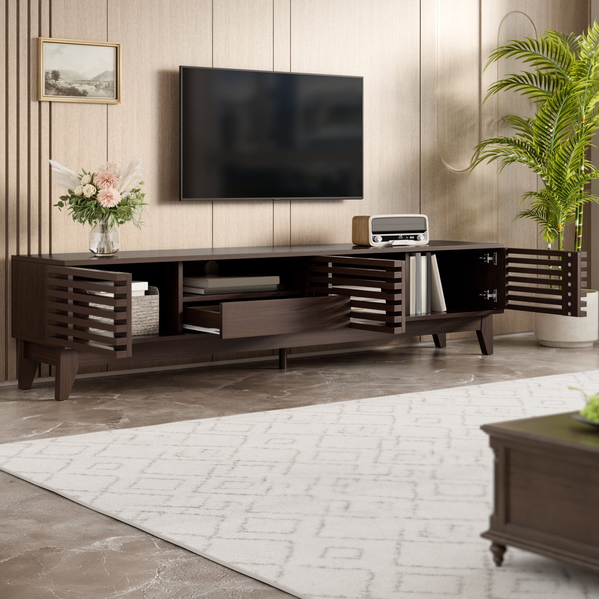 TV Cabinet Lowboard 1 Drawer 3 Doors 170cm Vintage Wood Finish