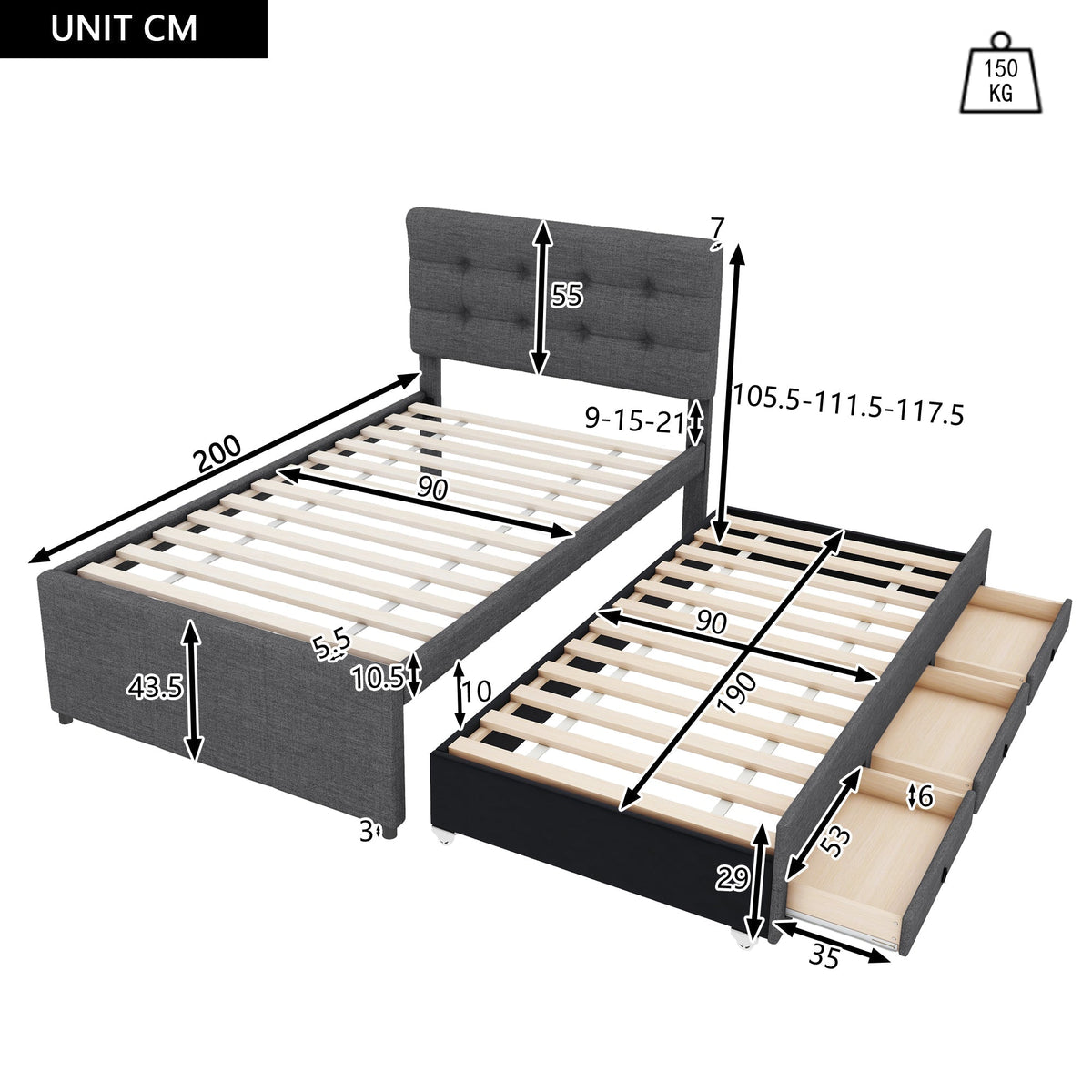 Upholstered Bed 90x200cm Pull-out Trundle 3 Drawers Adjustable Headboard - Grey