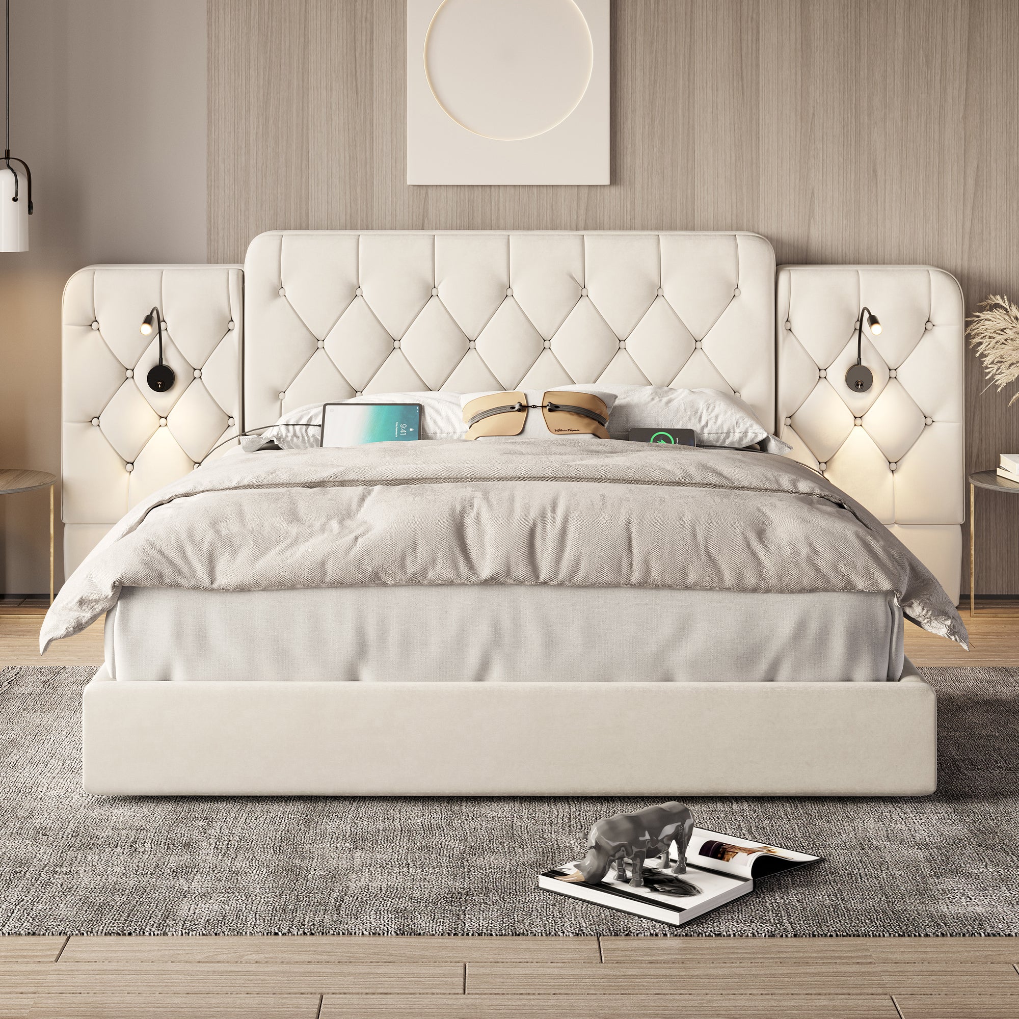 Bed Frame with Long Headboard, Hydraulic Storage USB Velvet, Beige