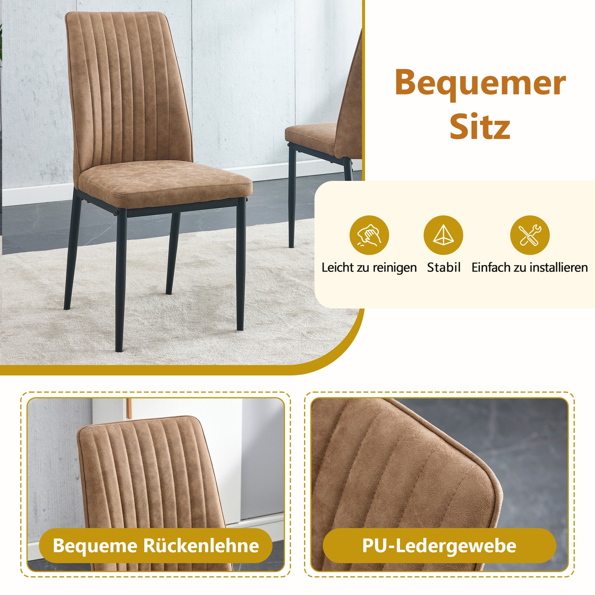 Dining Set Minimalist Glass Table Ø85cm 4 High-Tech Fabric Chairs - Brown