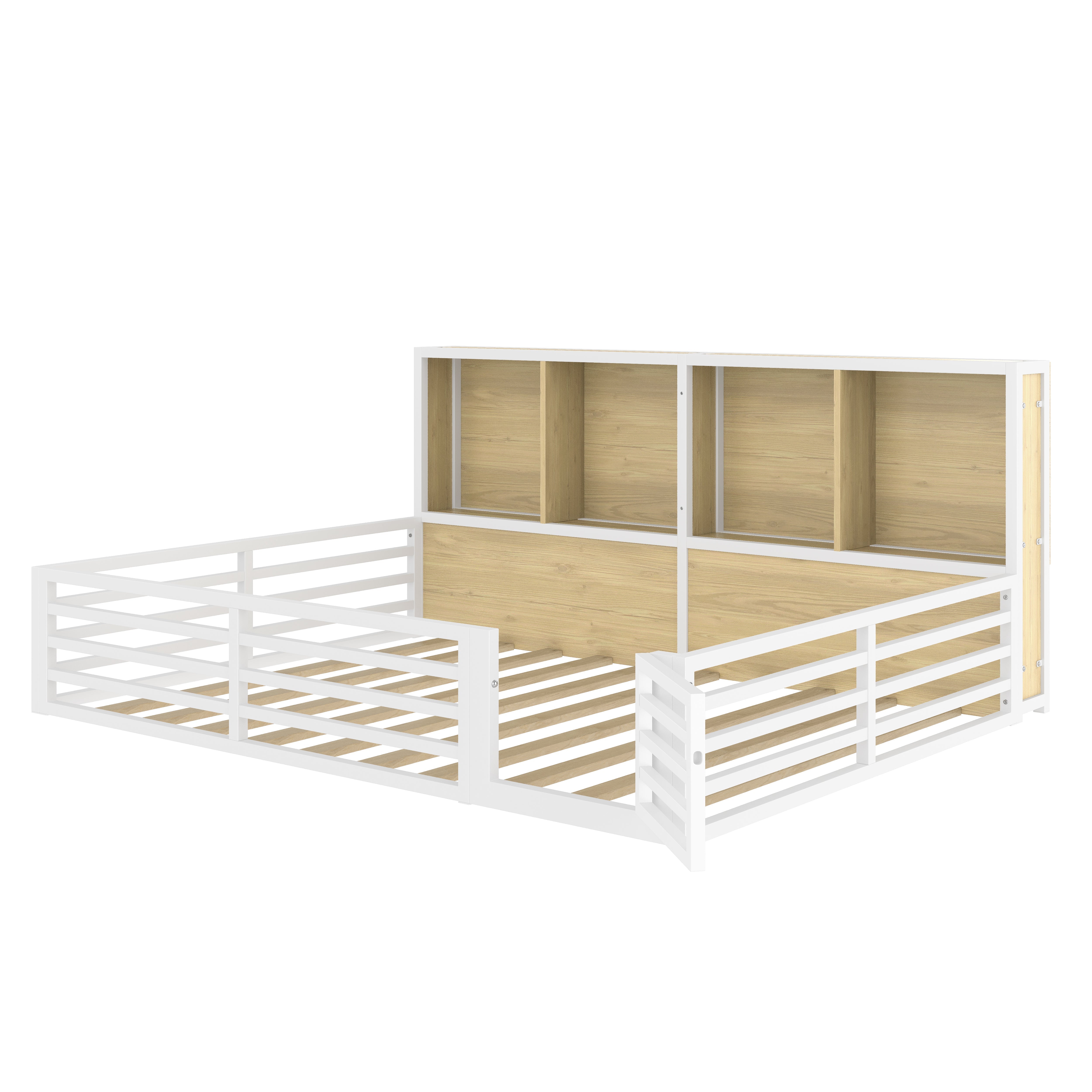 Fence Daybed with Storage Compartment and Railing, 140 x 200cm, White Metal and MDF