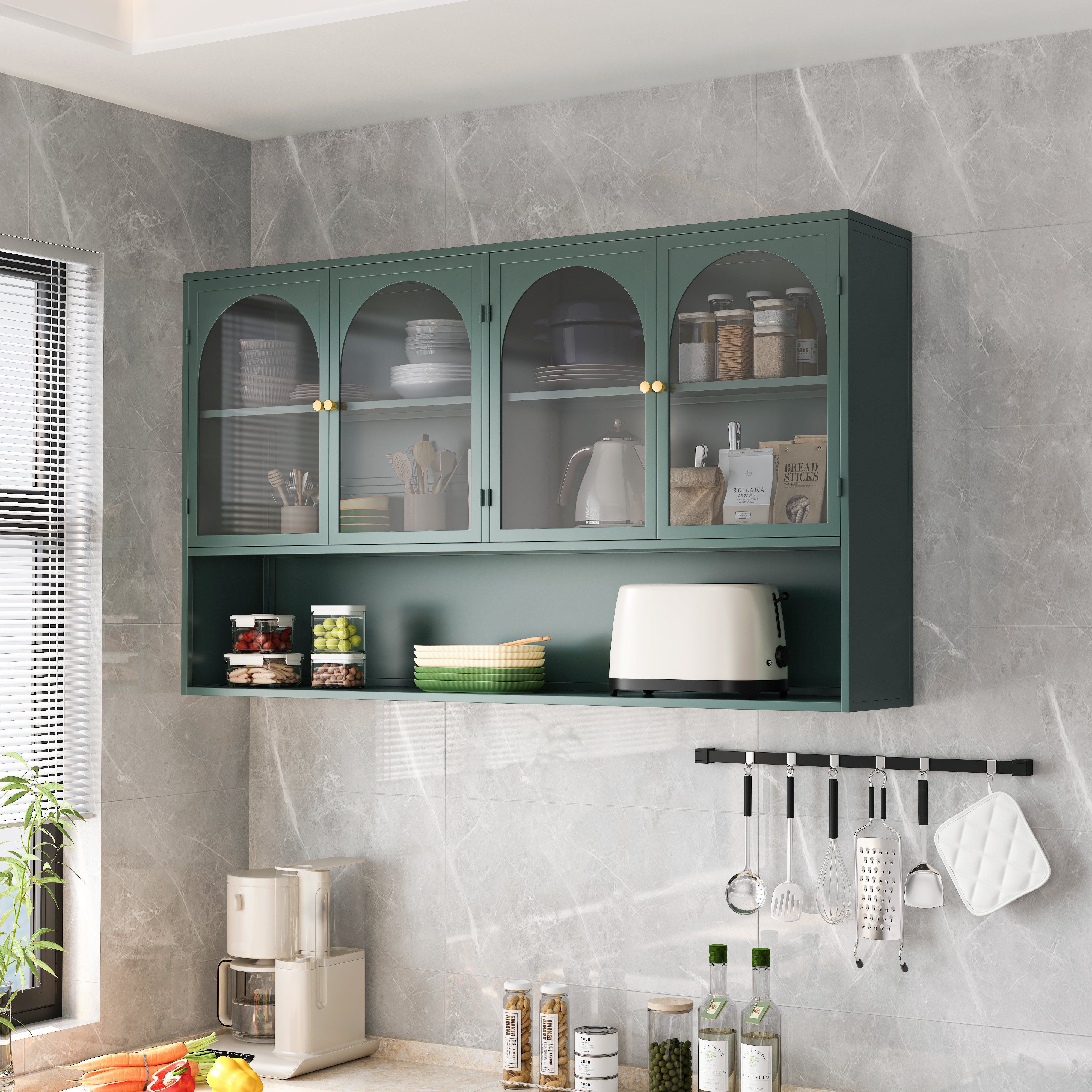 Four-door Glass Wall Cabinet, 120CM Wall-mounted, Dark Green
