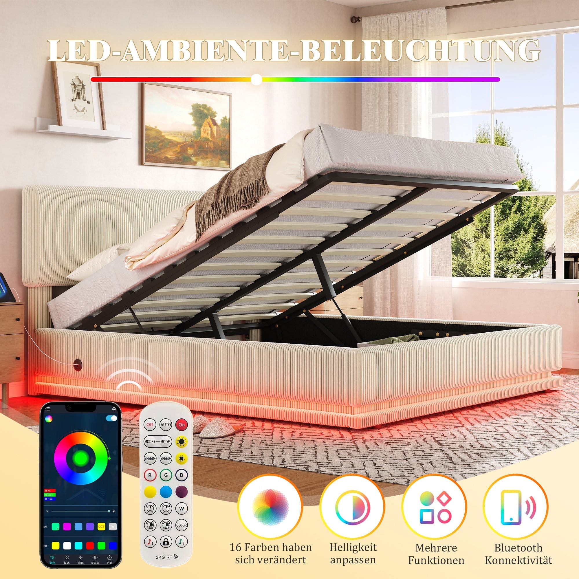 Modern Upholstered Bed with LED Lighting, USB-C and Storage, Corduroy Beige