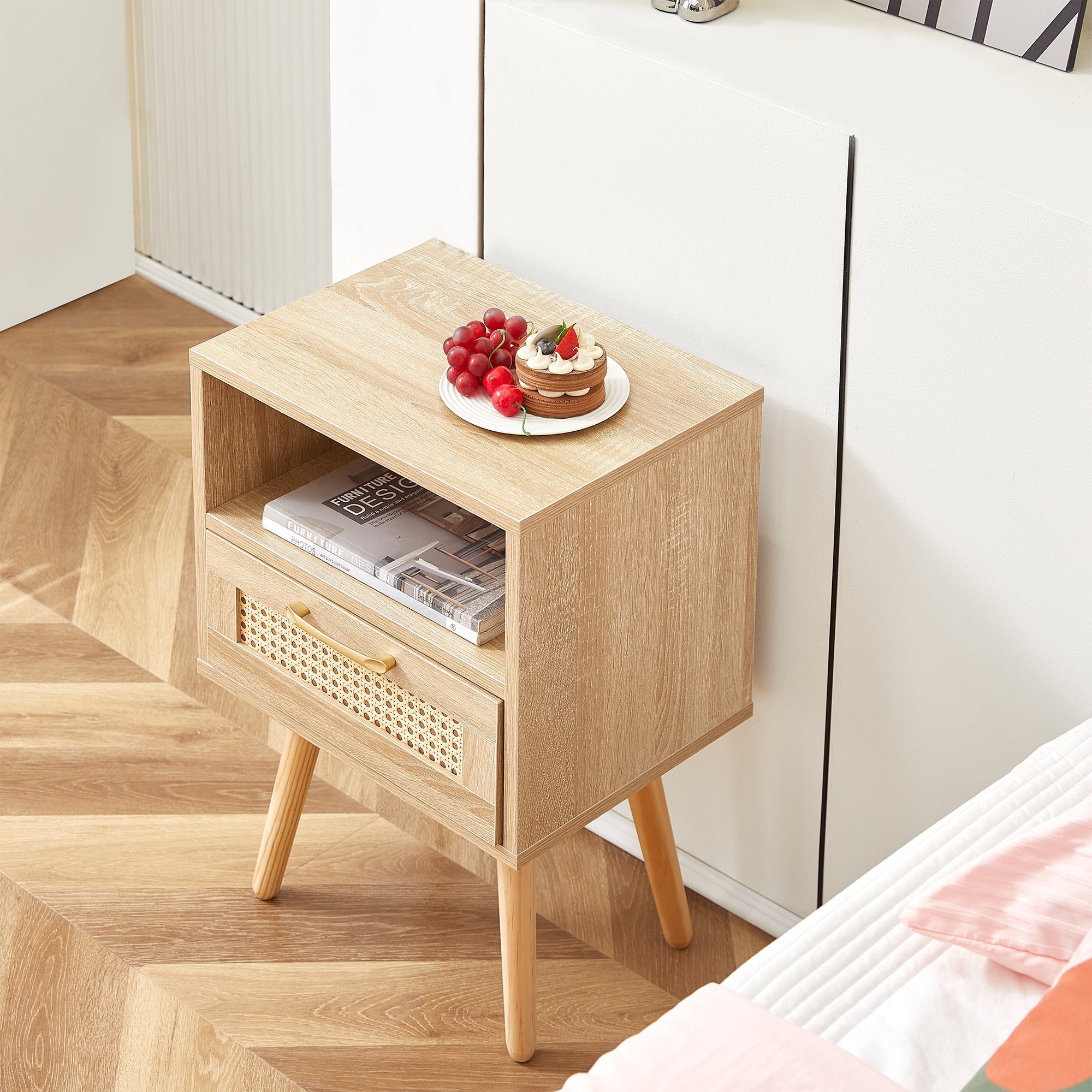 Rattan Side Table Drawer Solid Wood Legs Modern Bedside Natural Wood Look