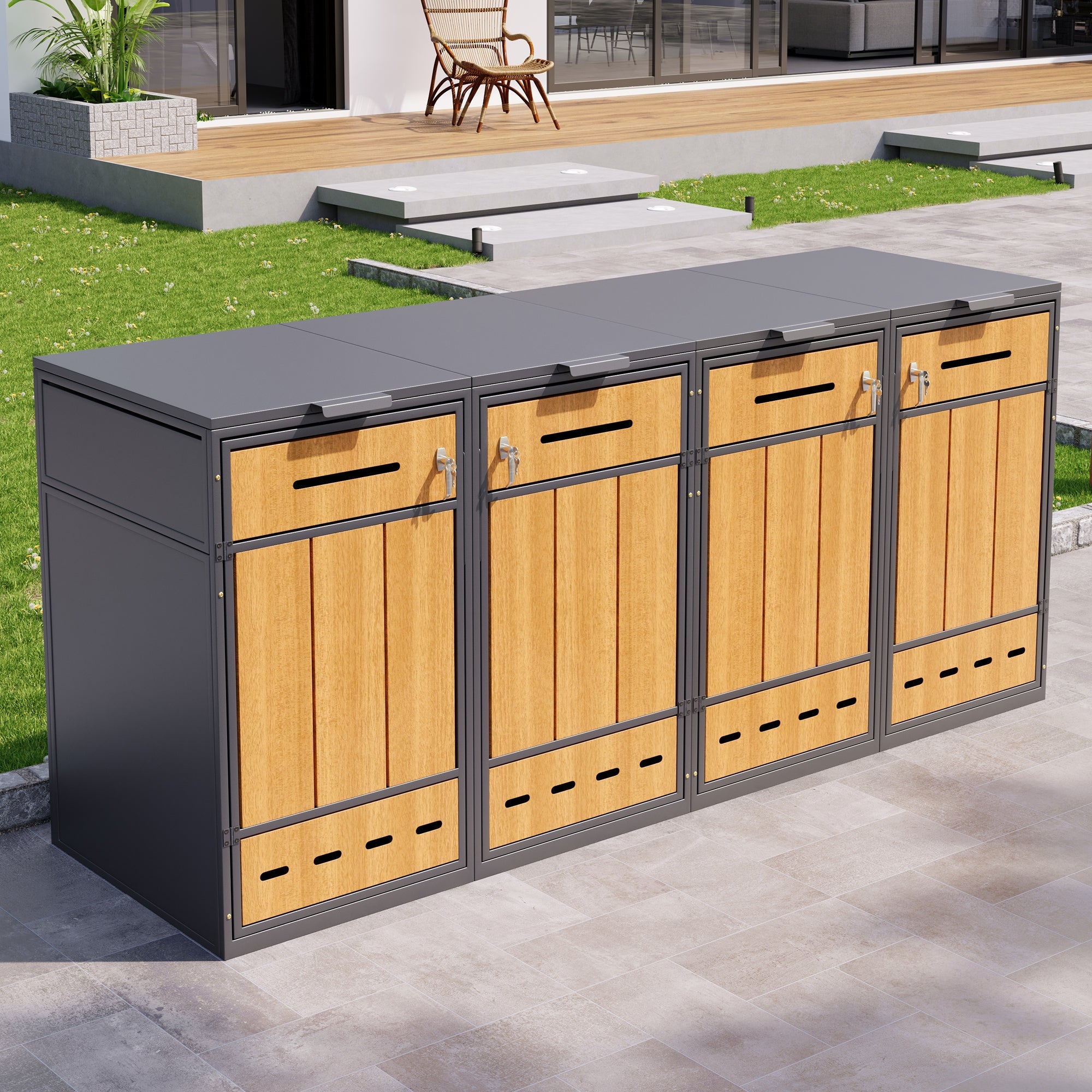 Bin Storage Unit for 4 Trash Cans, Lockable with Ventilation, Steel