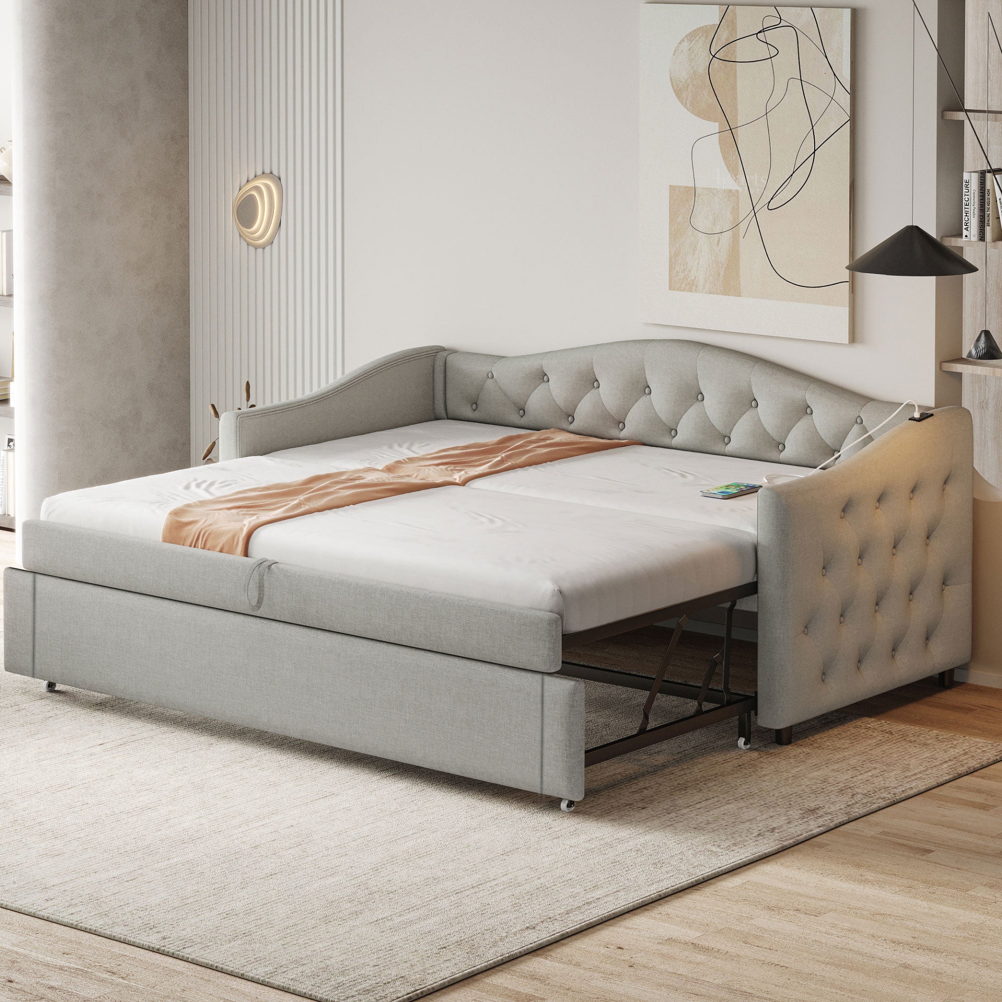 Upholstered Bed Pull-out Sofa Bed, 90 x 200 cm, USB Port, Linen Fabric, Grey