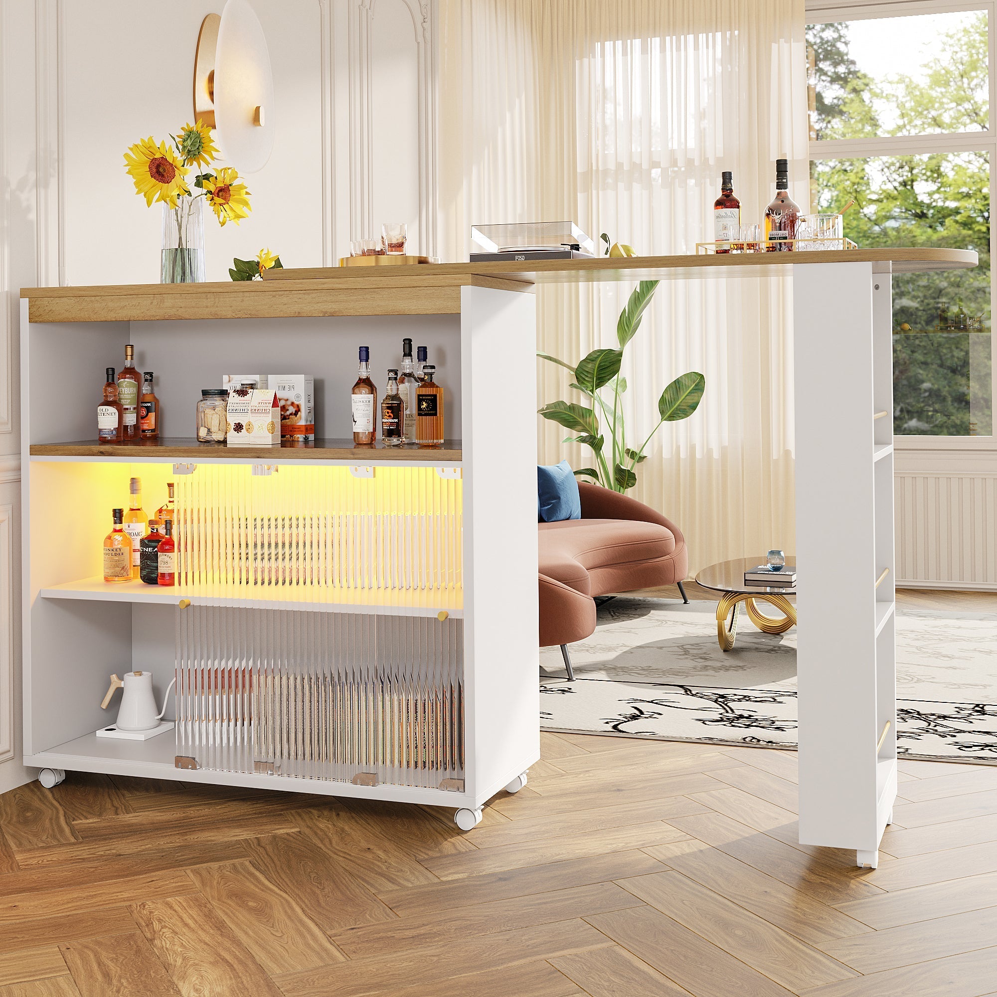Extendable Bar Table, Movable Telescopic with LED, White