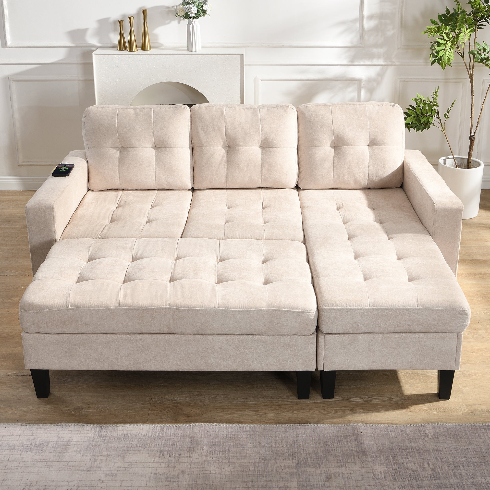Sofa Set, L-Shaped Modular with Movable Footstool & LED Lighting
