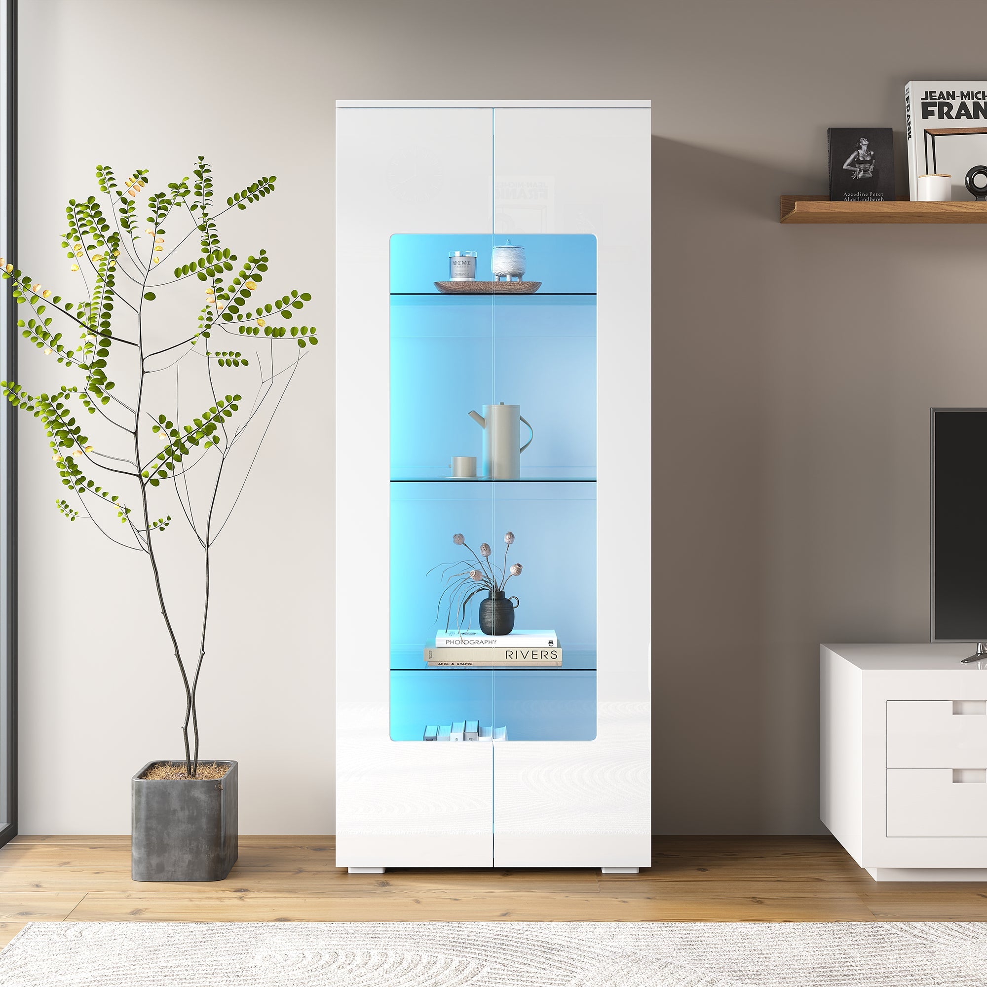 Living Room Display Cabinet, 2 Acrylic Doors, LED Light Strip, Tempered Glass, White MDF