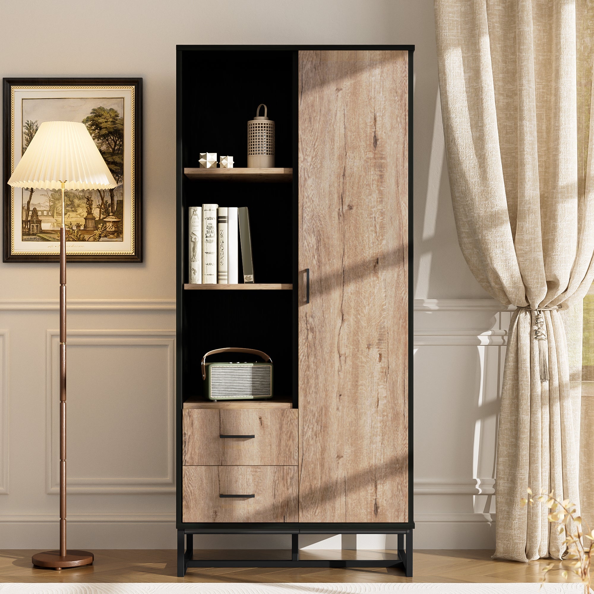 Highboard Cabinet with Door, 2 Drawers & 3 Open Compartments, Wood Look & Black Frame