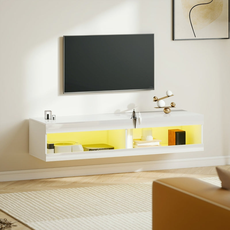 TV Cabinet 140cm Wall-Mounted Lowboard RGB LED Lighting Open Storage High-Gloss White
