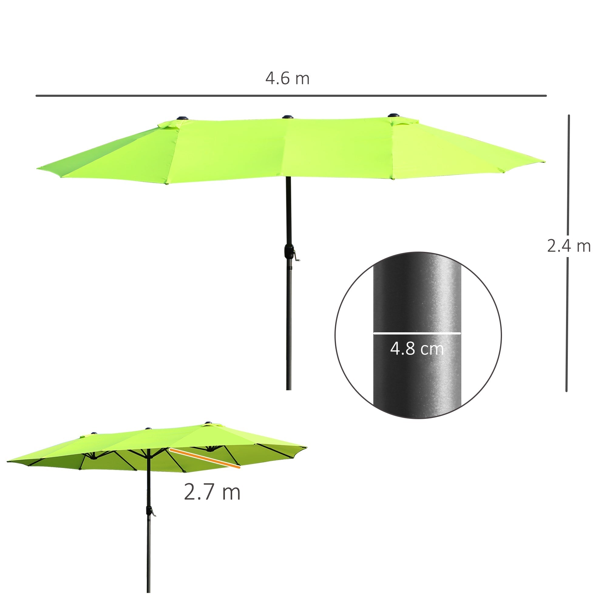 parasol garden umbrella 460 x 270cm oval with hand crank double, green