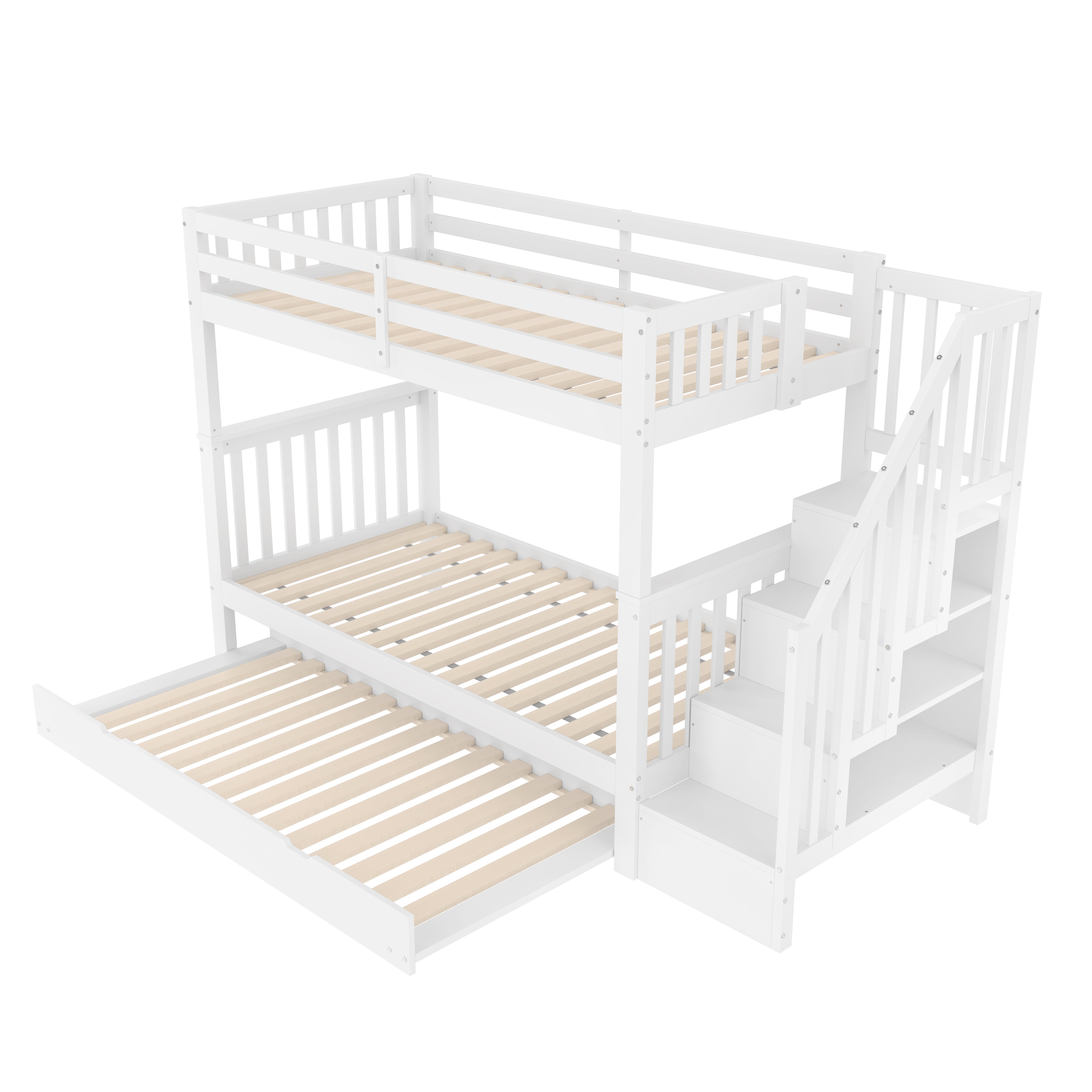 Bunk Bed with Staircase Storage and Pull-out Trundle, 90x200cm, White Pine and MDF