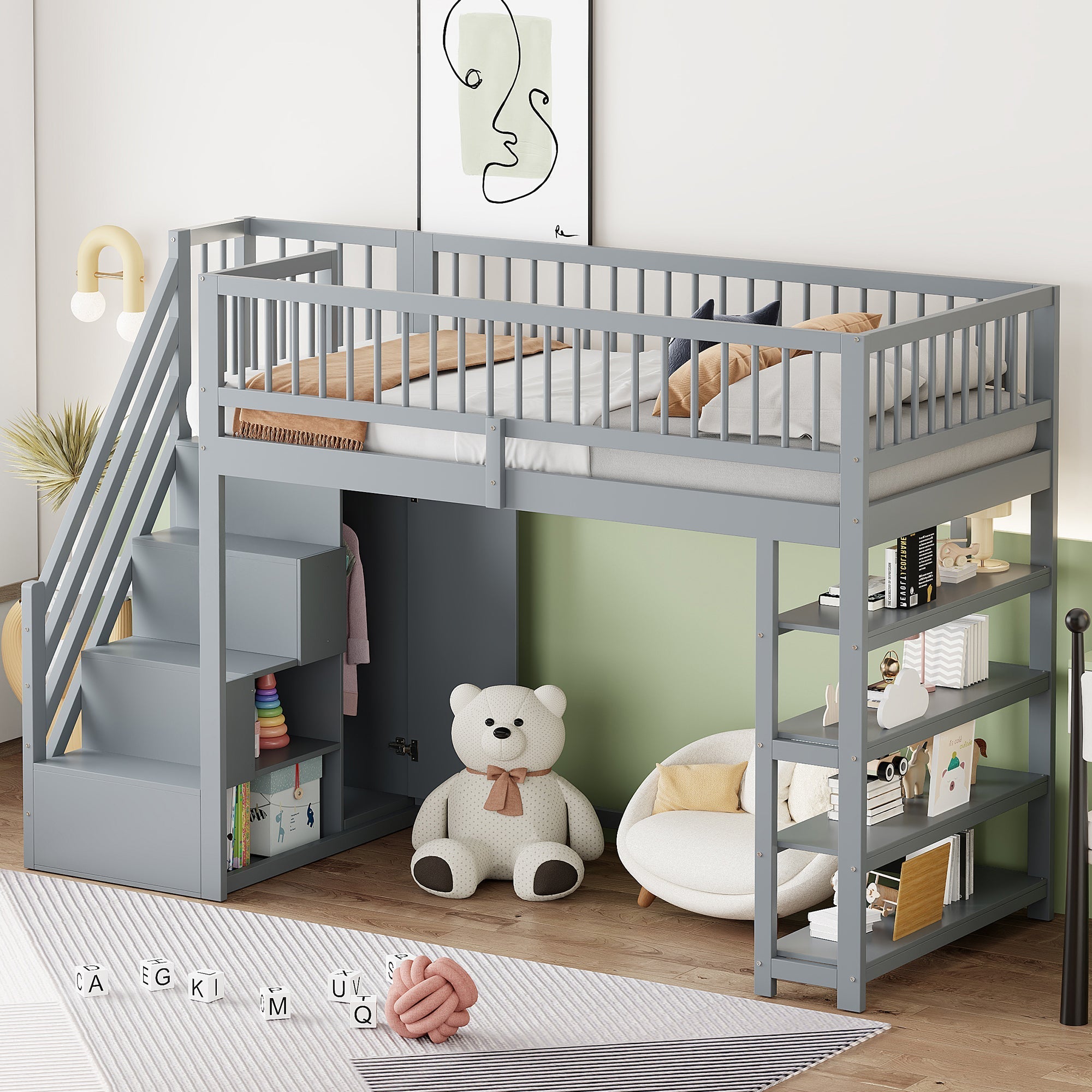Loft Bed with Wardrobe, Shelves, Storage, Ladder, 90 x 200, Solid Wood, Grey