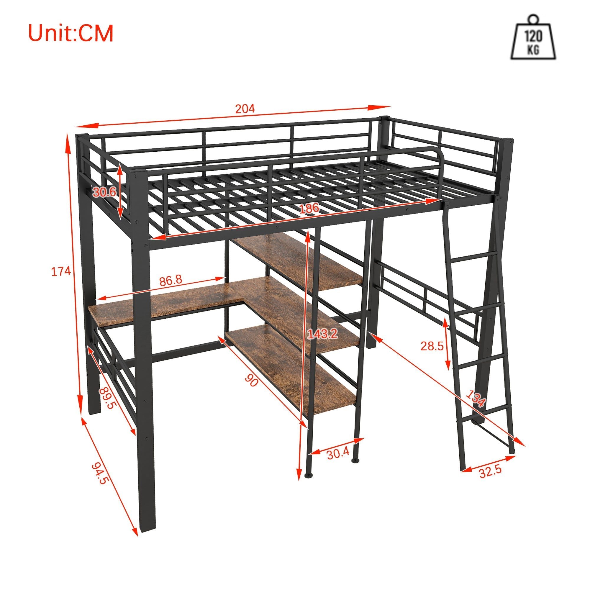 Loft Bed 90x200cm Iron Frame with Desk Multiple Shelves Black