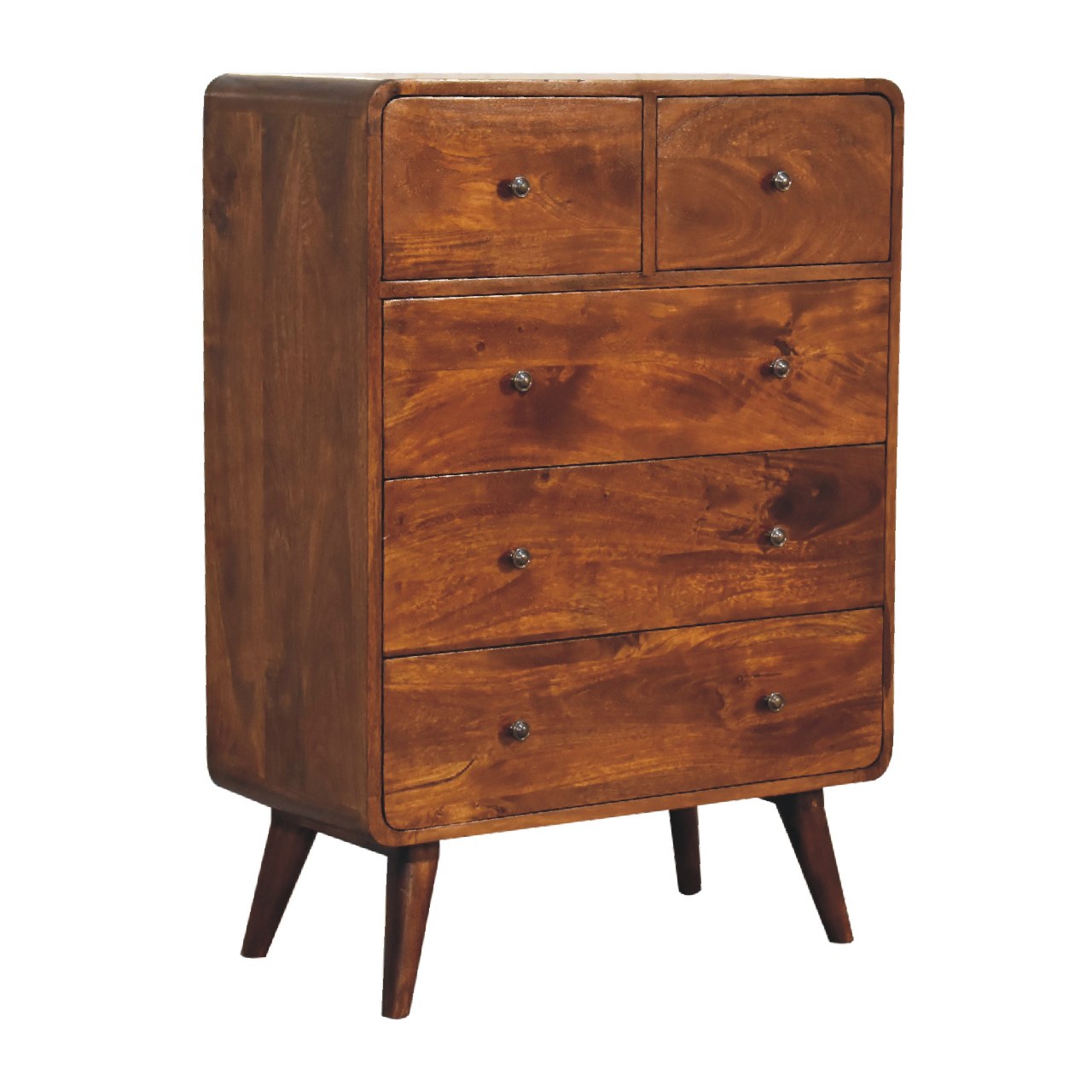 Solid Wood 2 over 3 Curved Chestnut Chest with Nordic Legs, Dark Brown