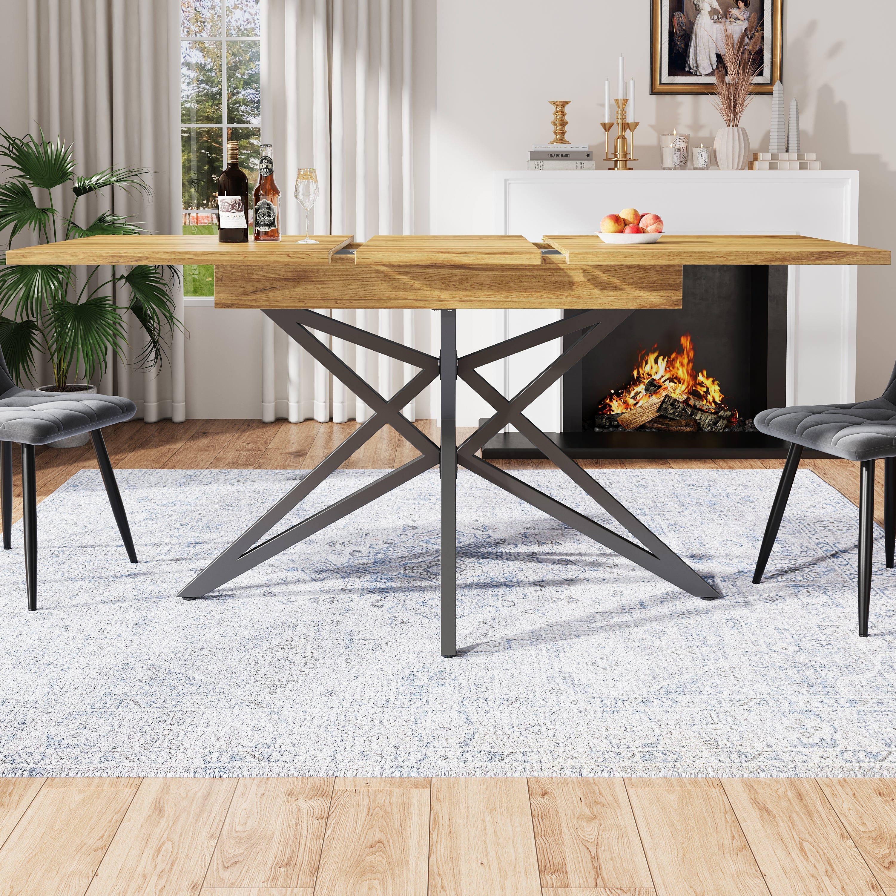Extendable Dining Table with Star-Shaped Legs, Walnut and Marble Look
