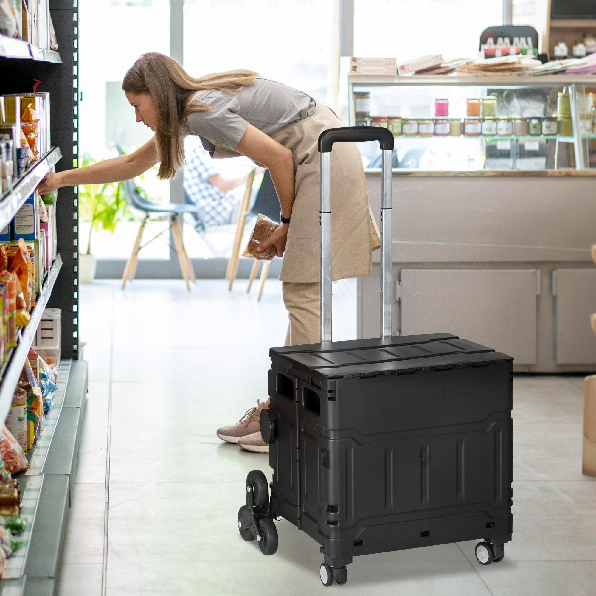 Foldable shopping trolley, 80 kg portable, adjustable handle, stair climber, with lid