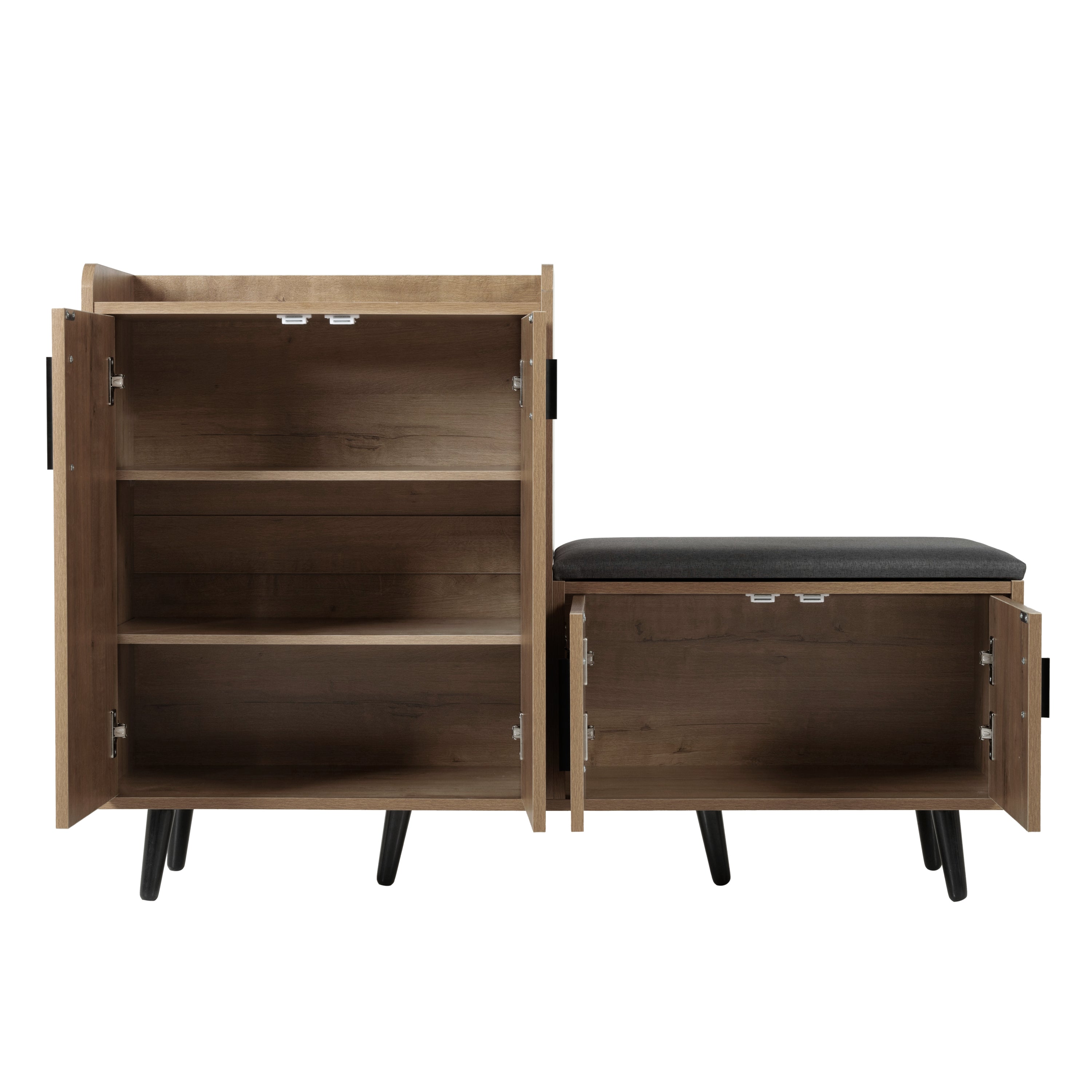 Modern shoe bench with wood grain, shoe cabinet, four storage doors, asymmetrical metal handles