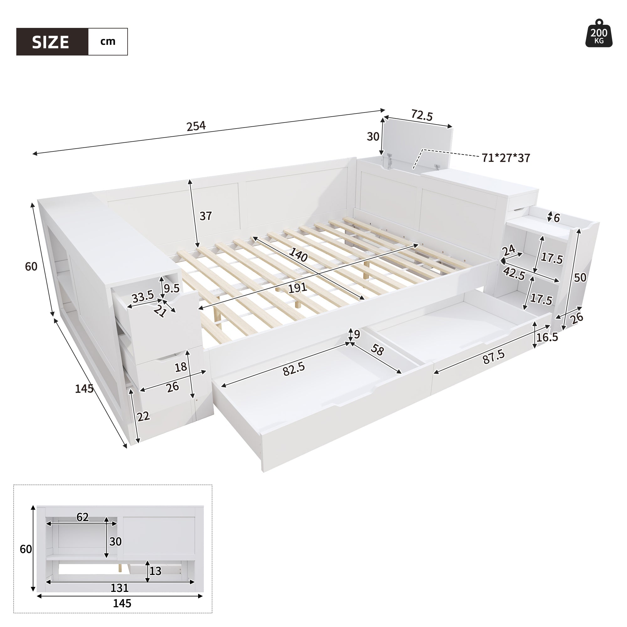 Wooden Storage Bed with Drawers and Shelves, 140x190cm, White Wood
