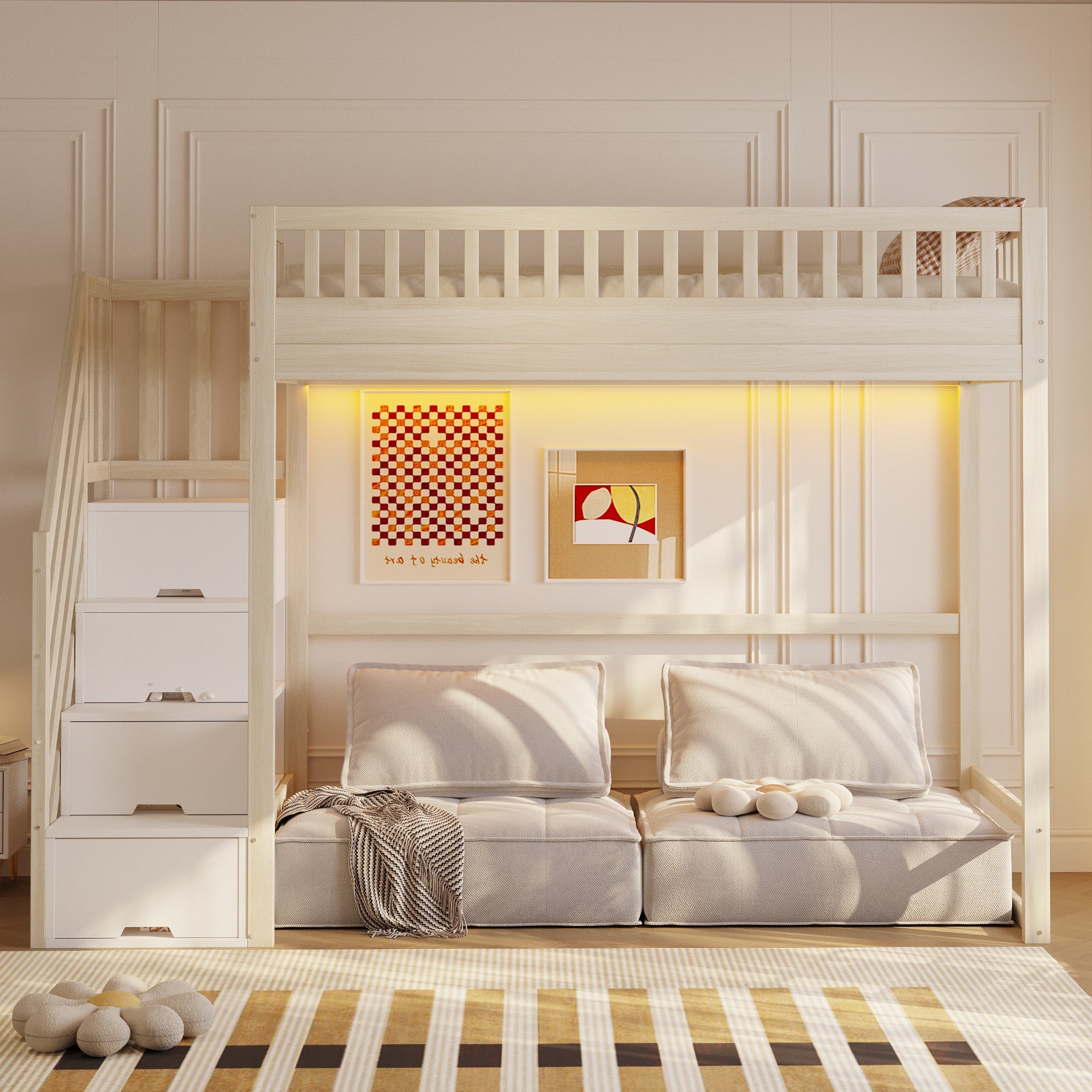 Loft Bed with Safety Railing, LED Light Strip and Interchangeable Ladder, 90x200cm, Natural Pine Wood