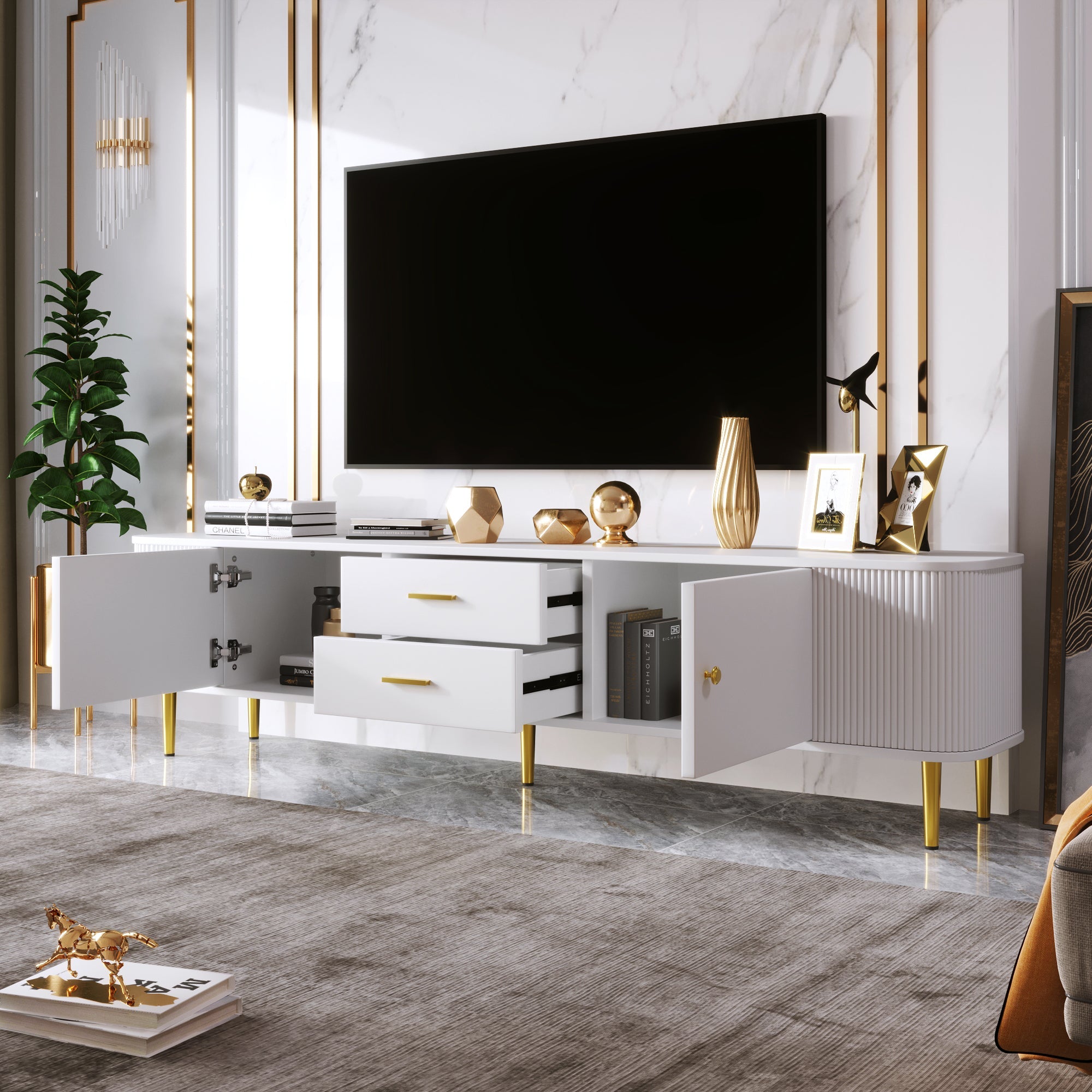 TV Cabinet, Curved Corners Wavy Sides Drawers, Gold Handles and Legs