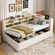 Sofa Bed, 90x200cm, Hydraulic Storage, Night Light, USB/Type-C, Velvet Beige