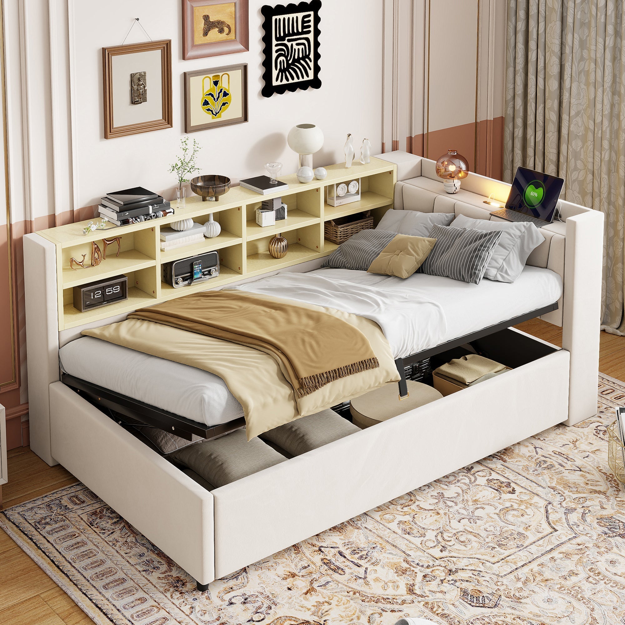 Upholstered Sofa Bed with Storage and USB Ports, Velvet Grey