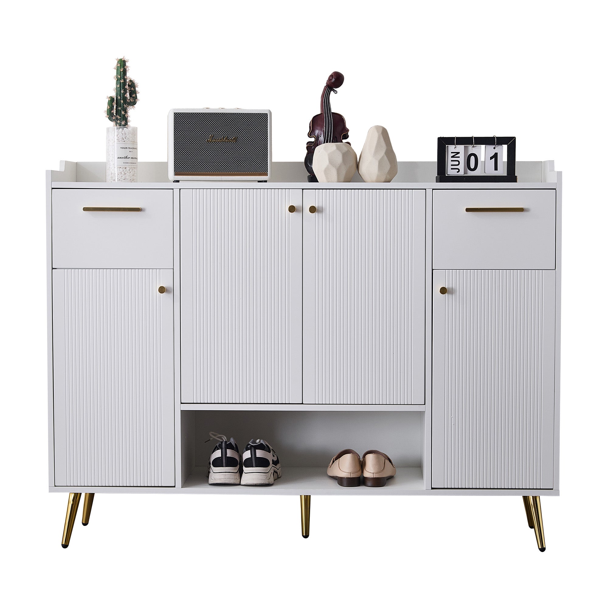 Shoe cabinet, shoe rack with 2 drawers and 4 doors, metal feet, white