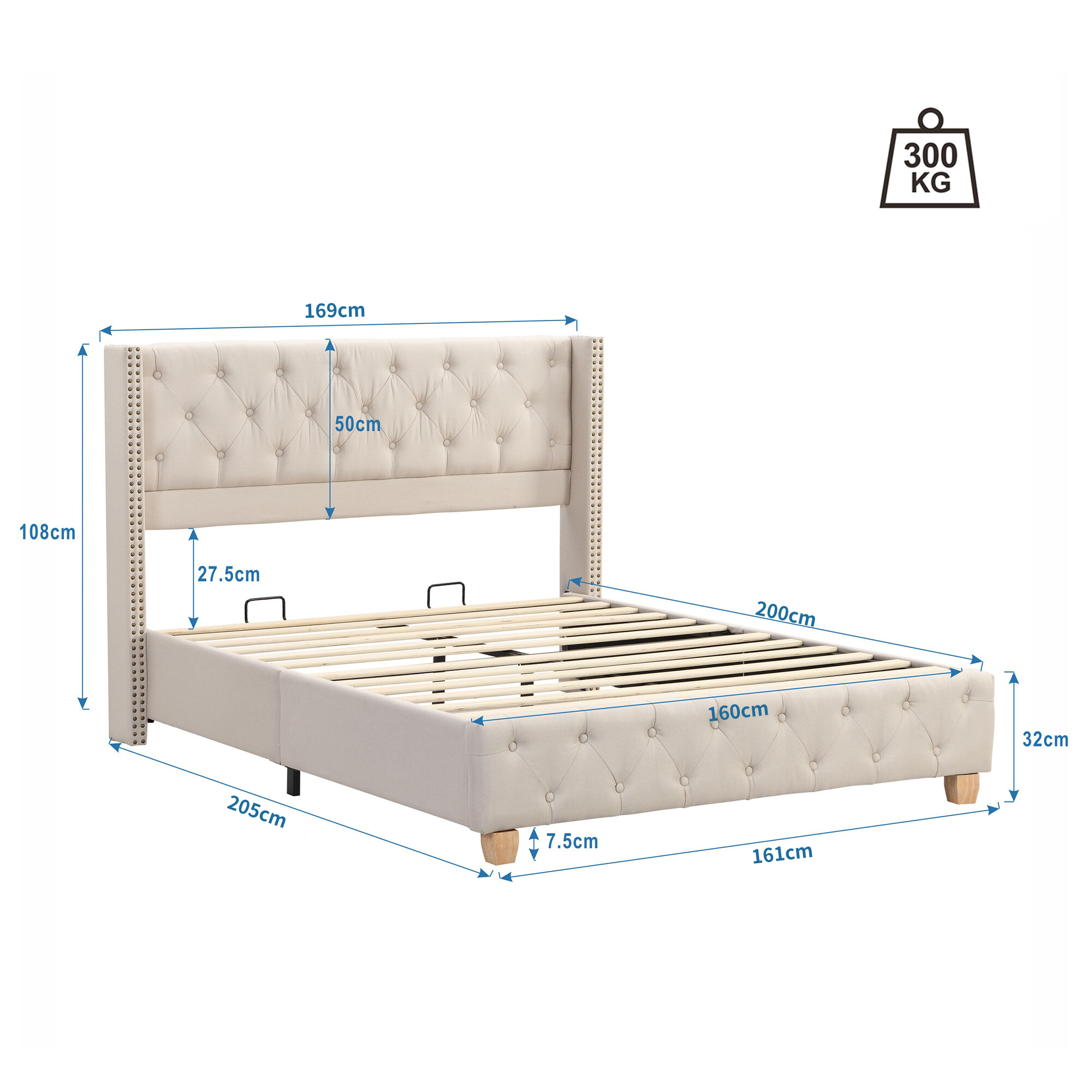 Upholstered Bed 160x200cm Button Studded Headboard Slatted Frame - Linen Beige