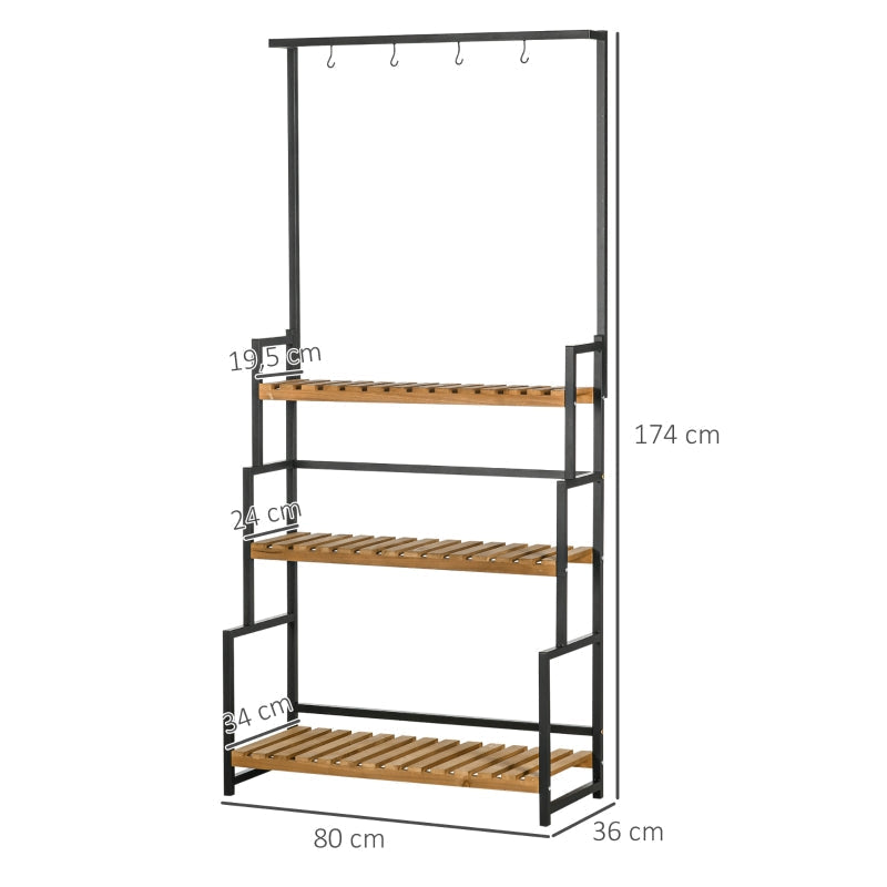 Plant Stand with 3 Tiers and Mounting Hooks, Natural Wood