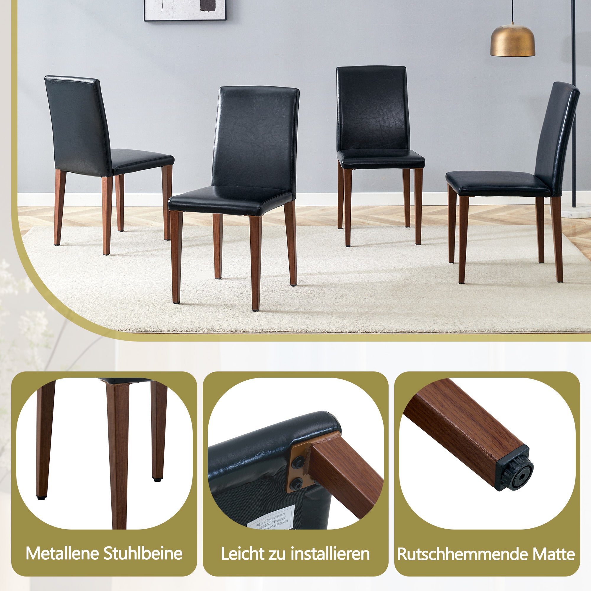 Minimalist Dining Chairs Set of 4, PU Leather and Metal Legs, Black and Walnut finish