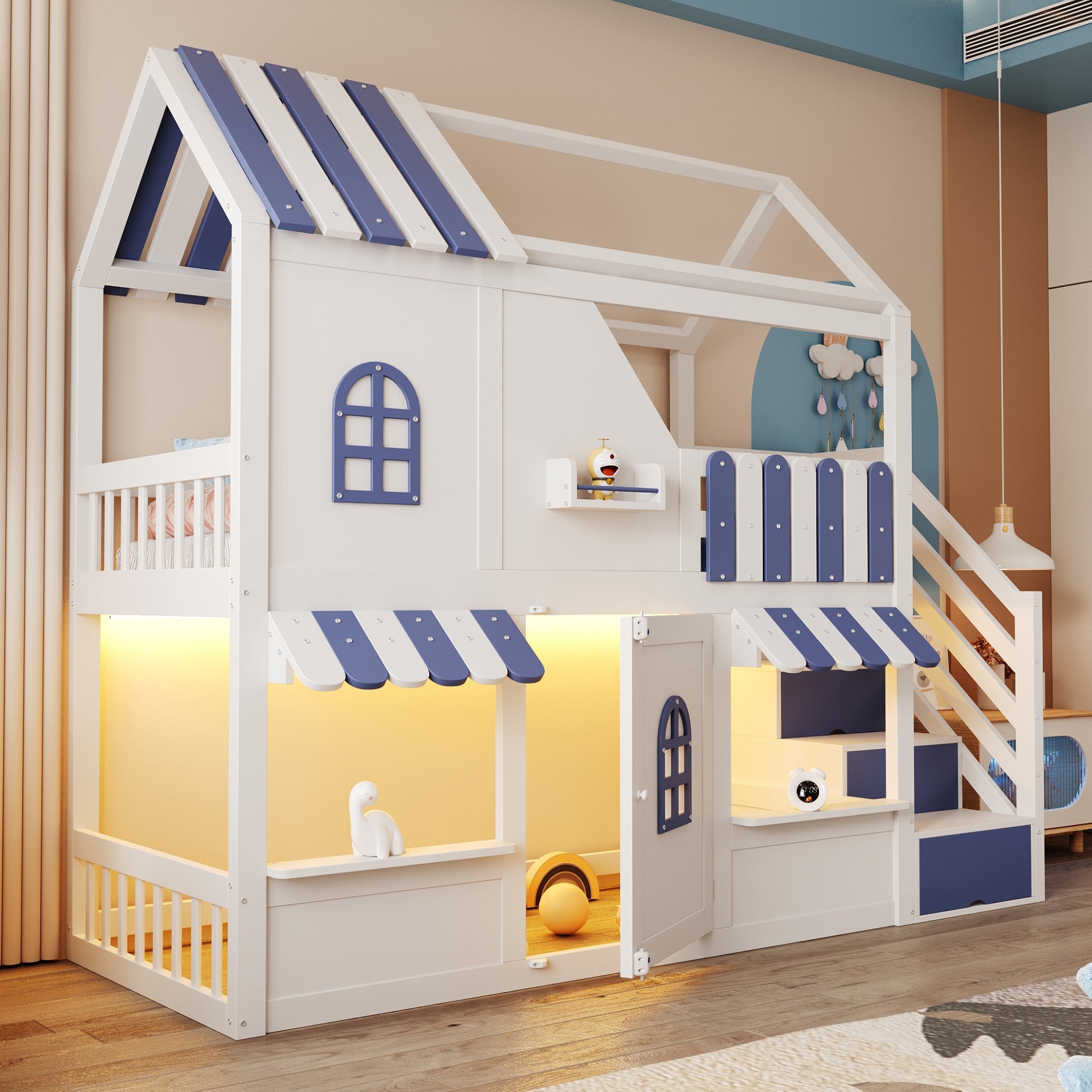 Children's Bunk Bed with House-Shaped Design, Storage Ladder, LED and Shelves, 90x200cm, White + Blue