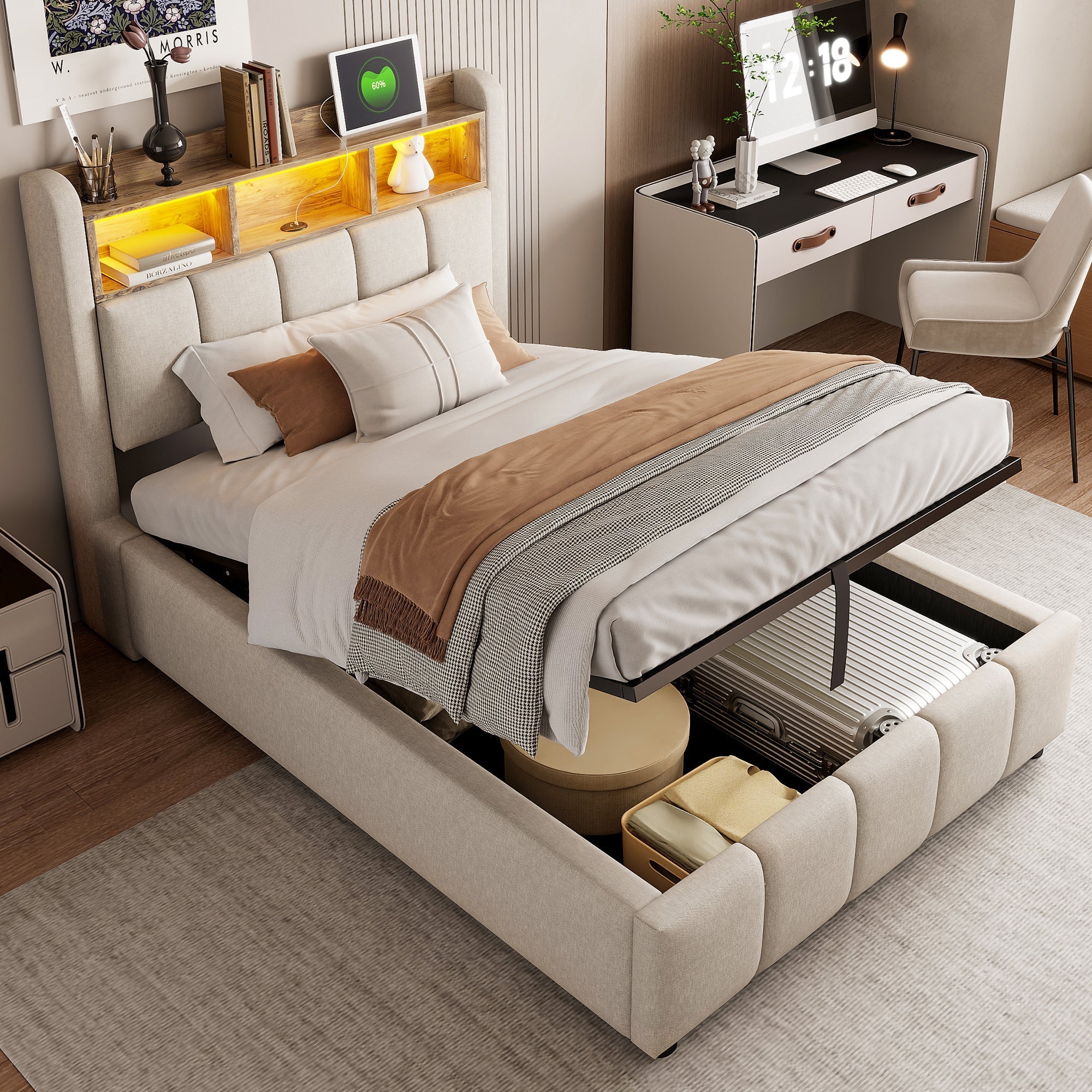 Children's Upholstered Bed 90x200cm LED USB Hydraulic Storage Headboard Shelves - Linen Beige