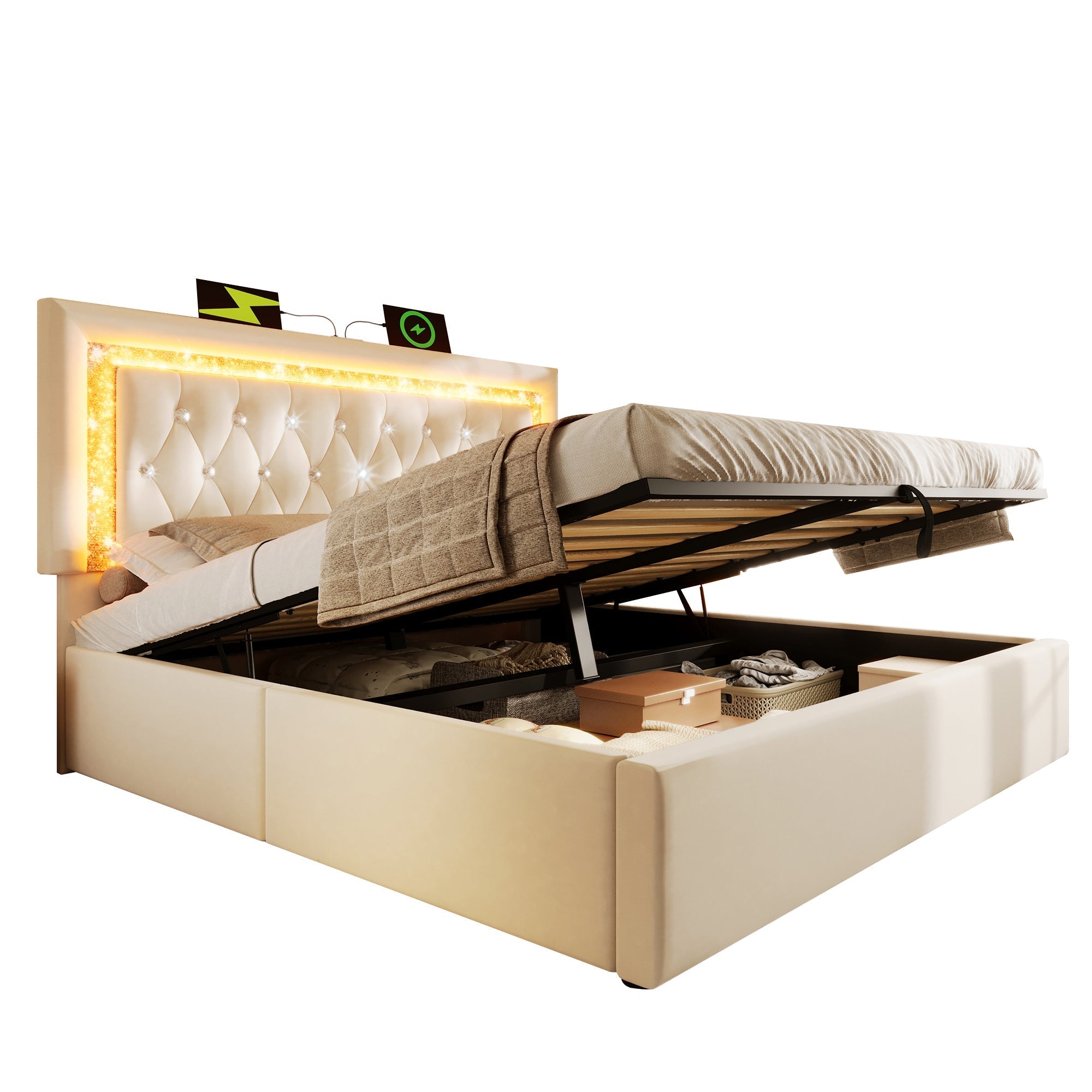 Upholstered Double Bed 160x200cm LED USB/Type-C Hydraulic Storage - Beige Velvet