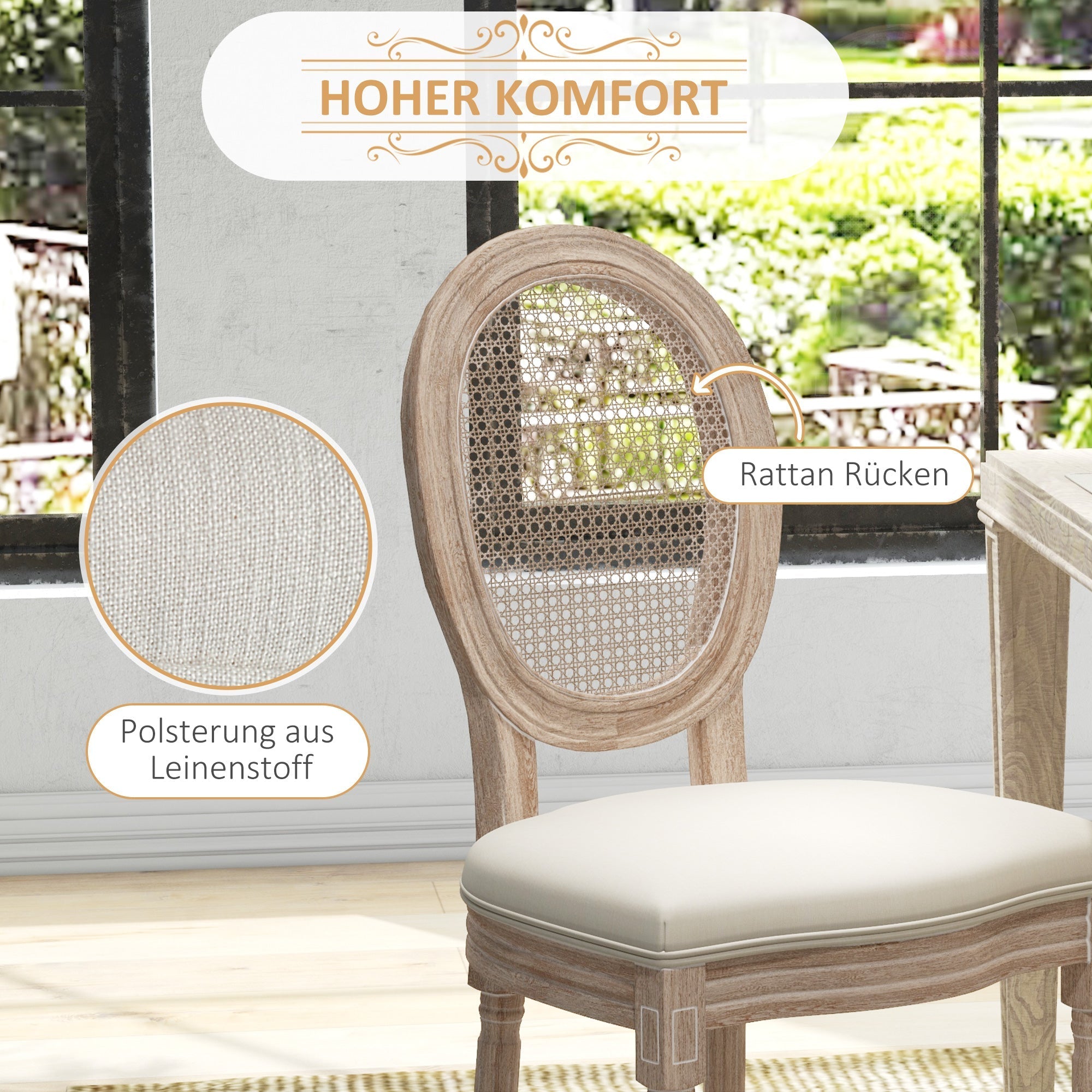 Dining Chairs, Set of 2 Kitchen Backrest Wooden Legs, Linen Rattan Look Cream White